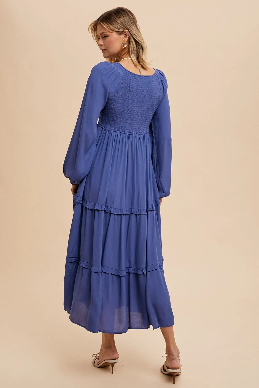 Blue Smocked Tiered Midi Dress sold by Pinkblush product image thumbnail 3