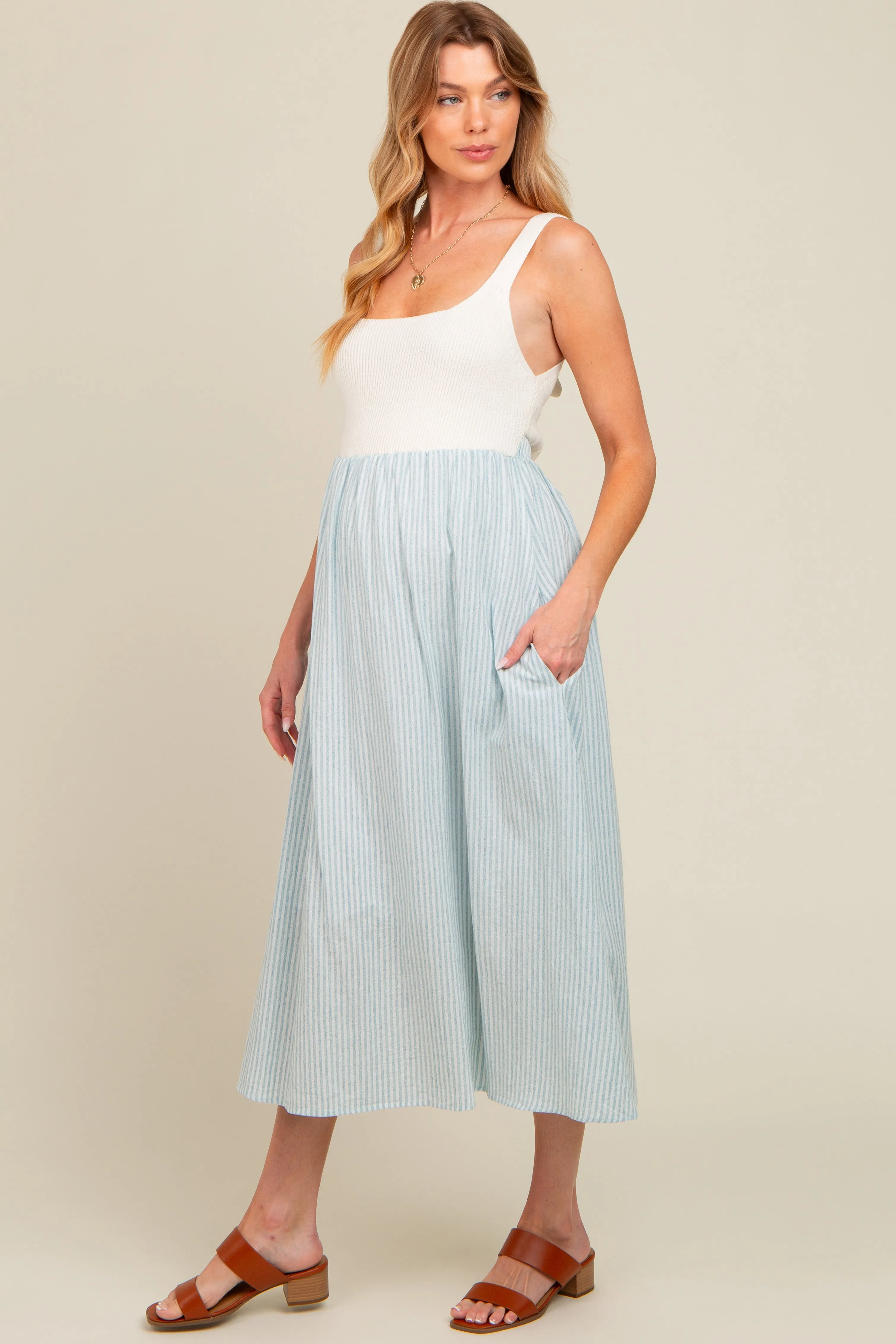 Light Blue Striped Knit Contrast Maternity Midi Dress sold by Pinkblush product image thumbnail 2