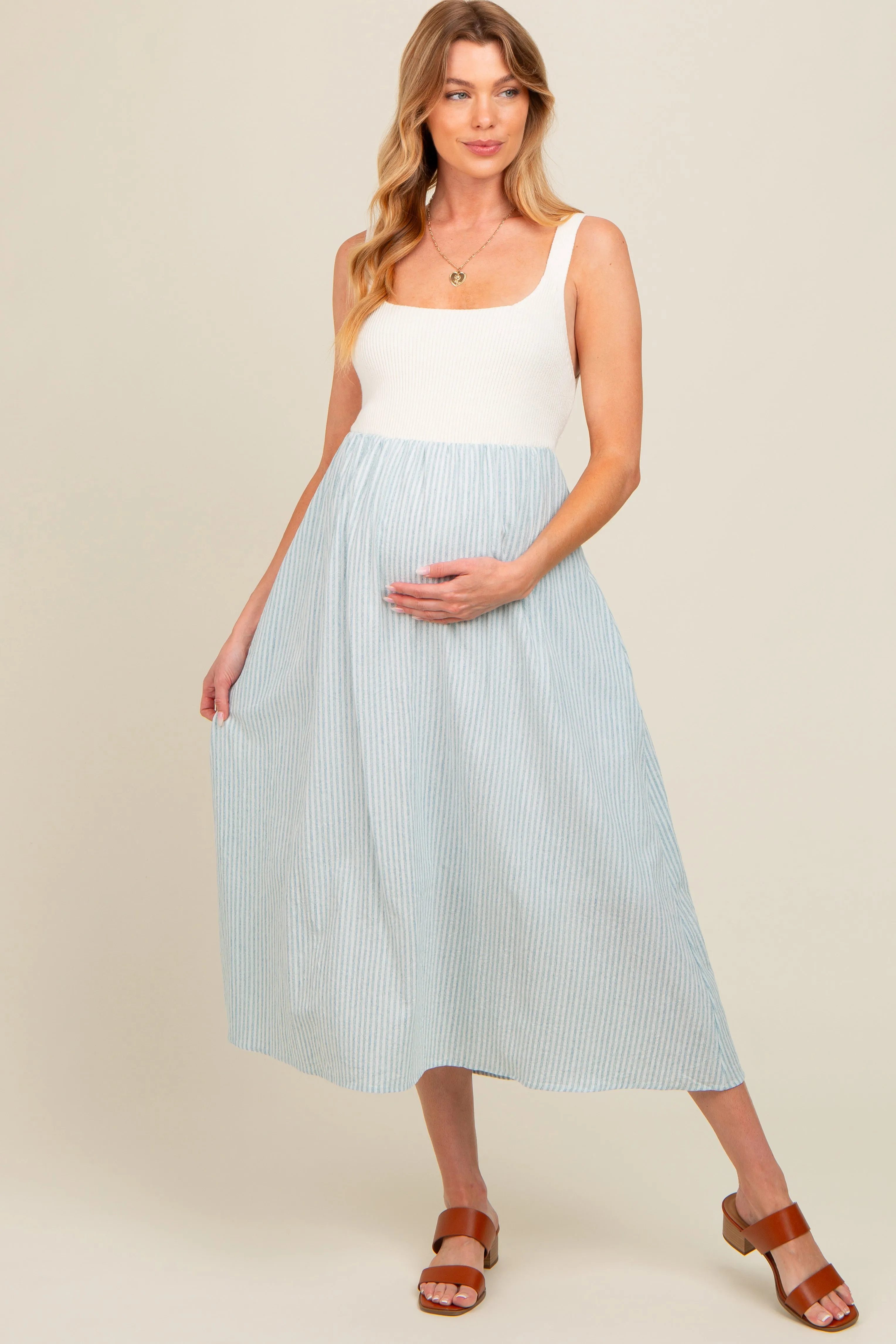 Light Blue Striped Knit Contrast Maternity Midi Dress sold by Pinkblush