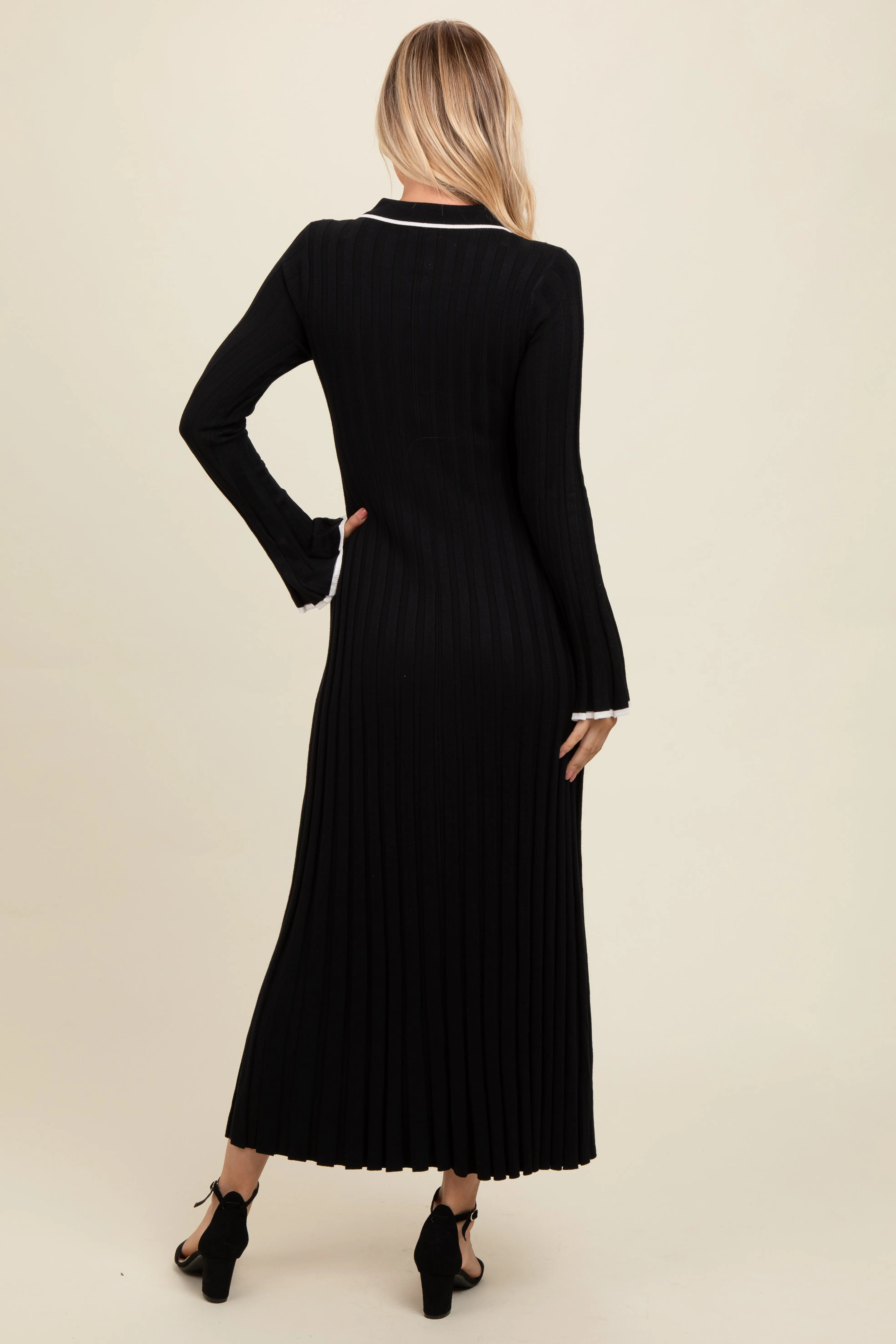 Black Ribbed Knit Collared Button Up Maxi Dress sold by Pinkblush product image thumbnail 4
