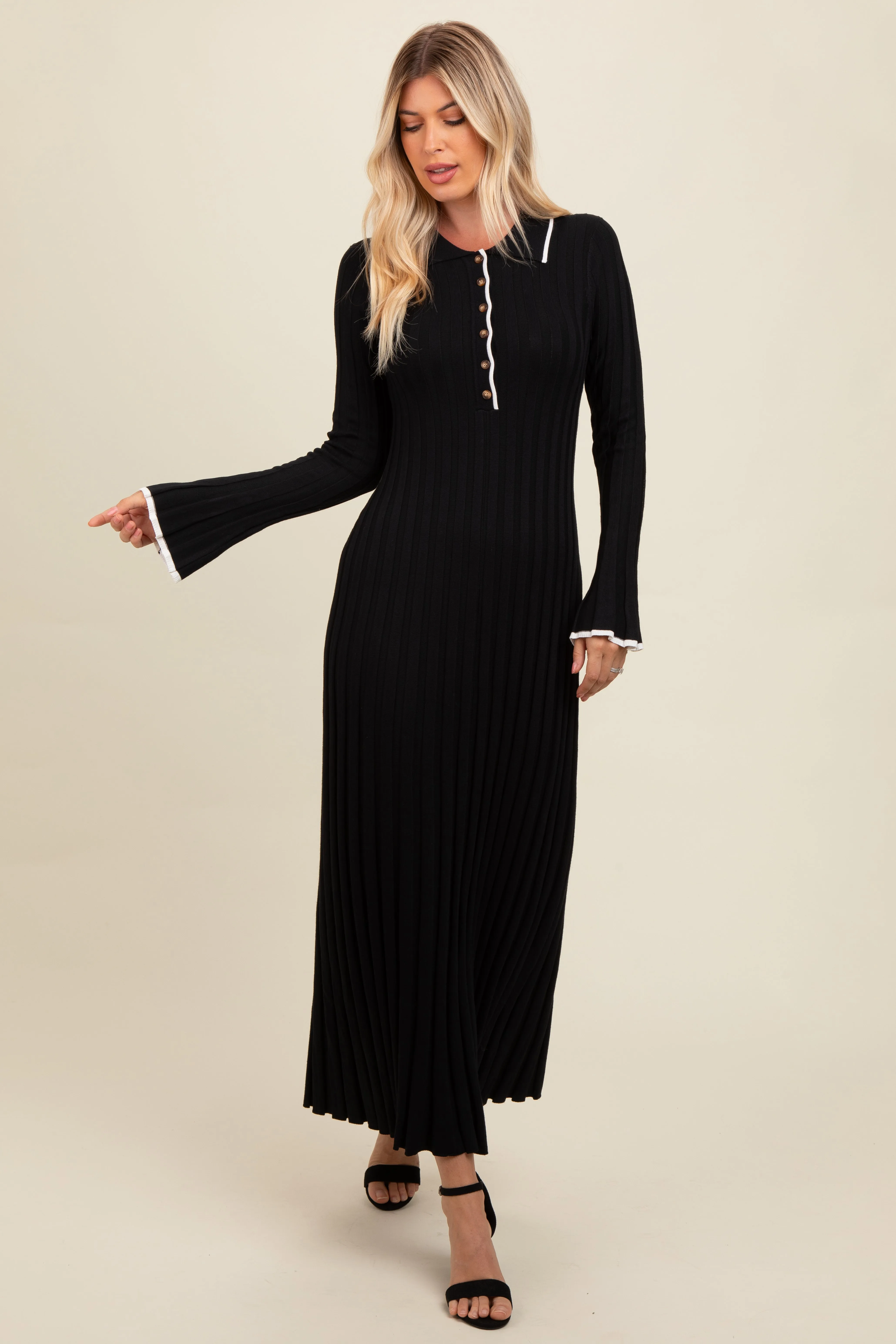 Black Ribbed Knit Collared Button Up Maxi Dress sold by Pinkblush