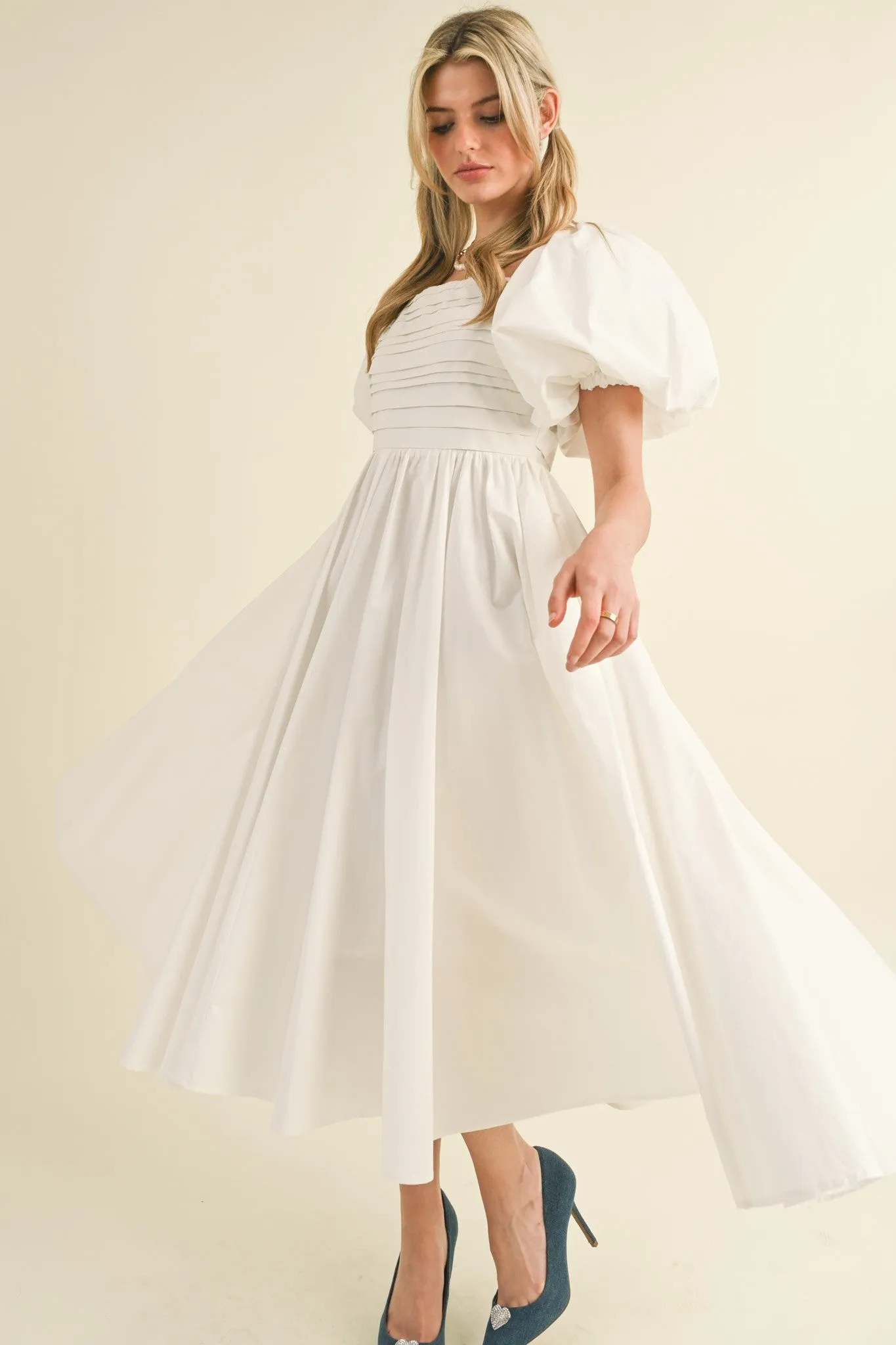 Off White Balloon Sleeve Pleated Midi Dress sold by Pinkblush product image thumbnail 2
