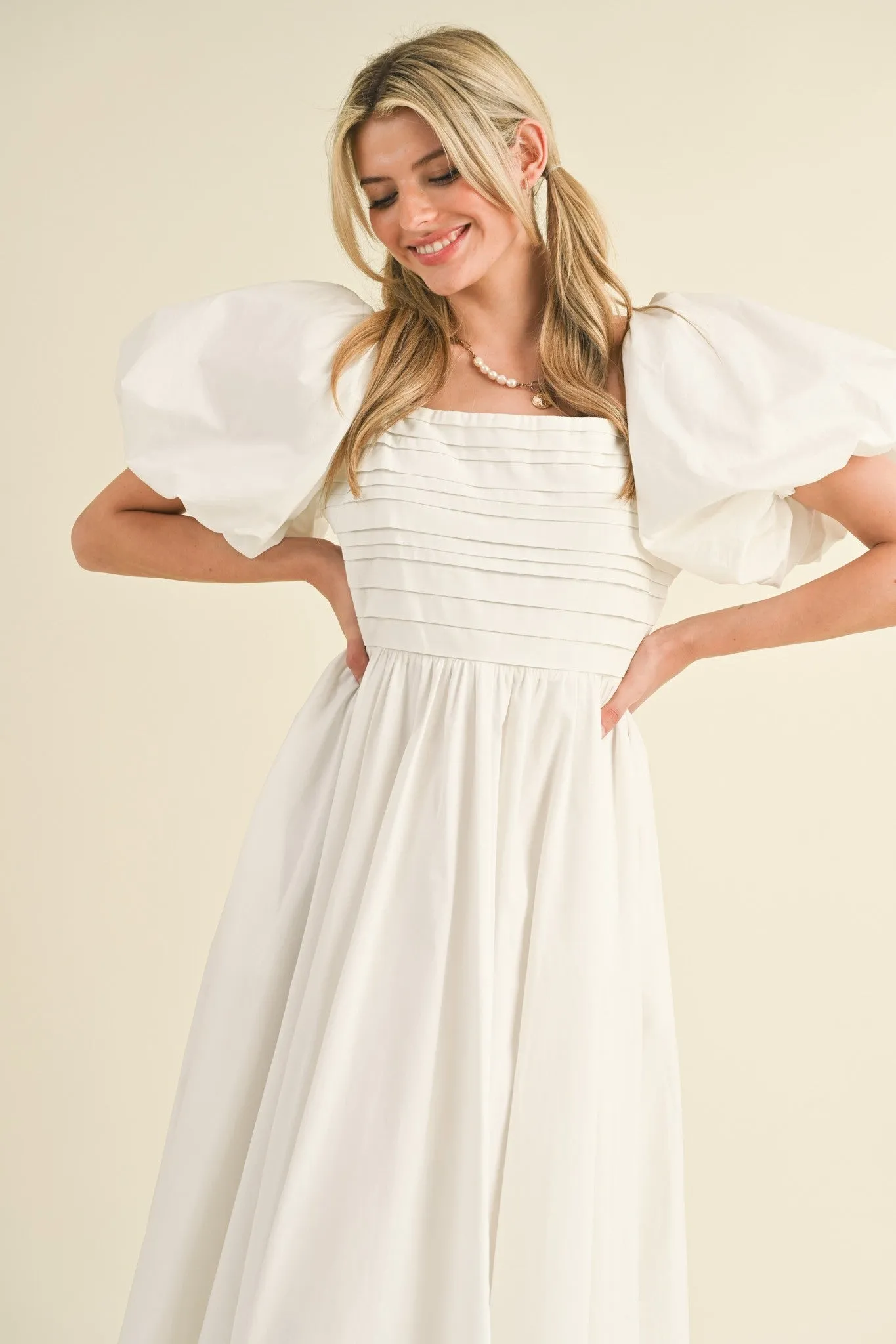 Off White Balloon Sleeve Pleated Midi Dress sold by Pinkblush product image thumbnail 4