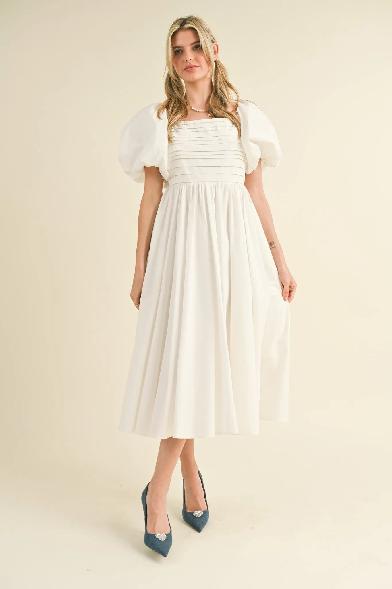 Off White Balloon Sleeve Pleated Midi Dress sold by Pinkblush
