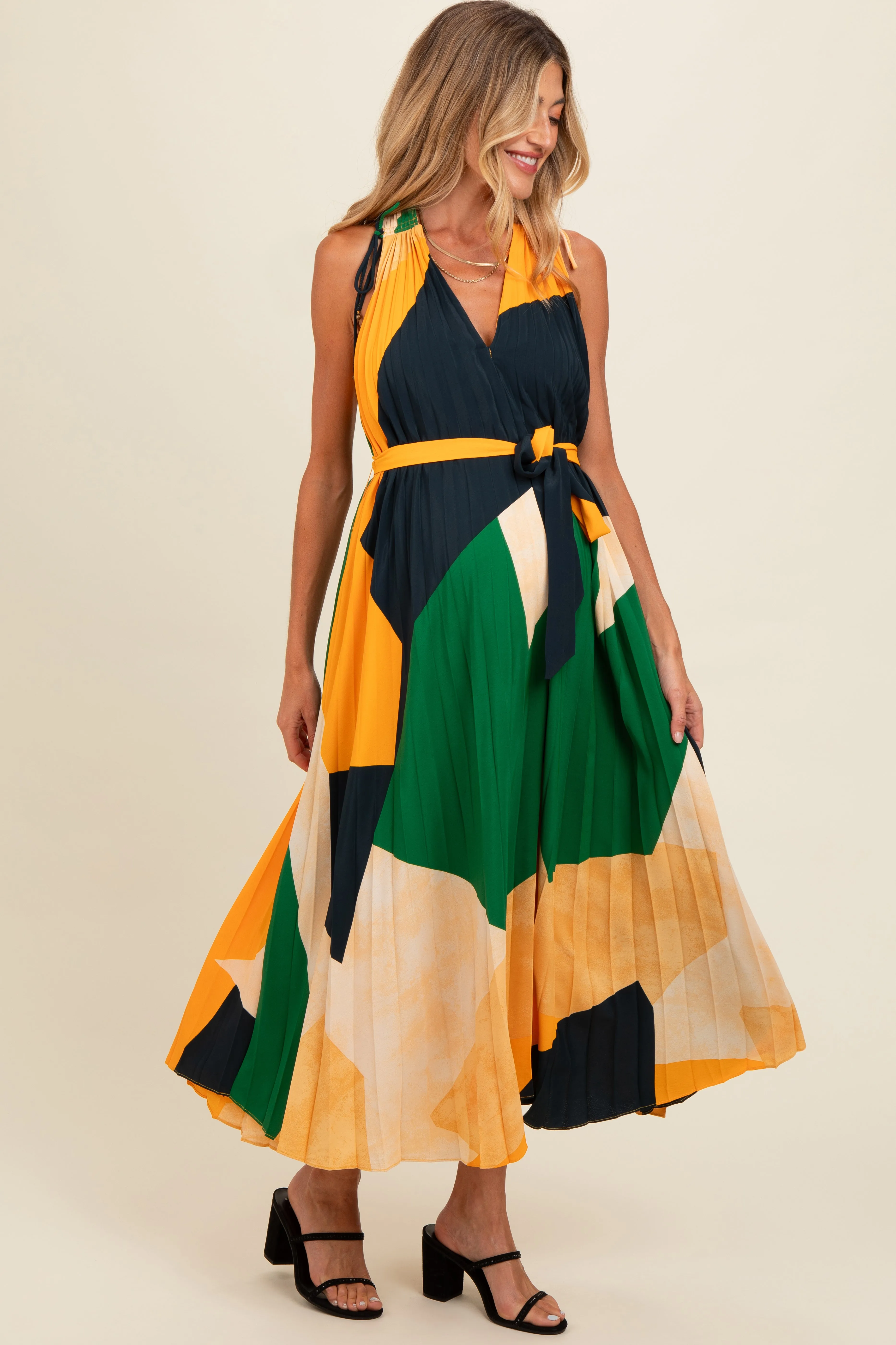 Multicolor V-Neck Satin Pleated Maternity Maxi Dress sold by Pinkblush product image thumbnail 2