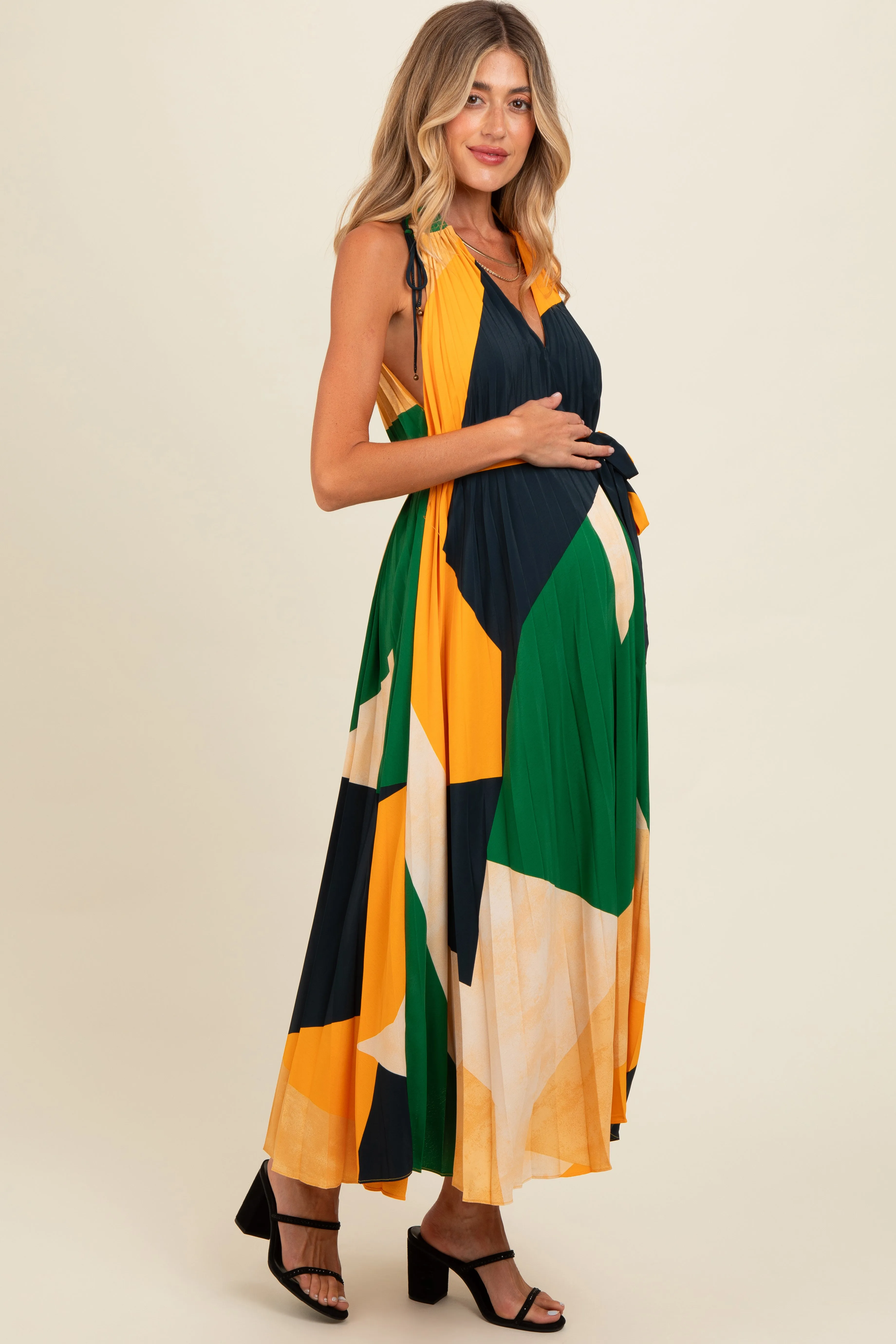 Multicolor V-Neck Satin Pleated Maternity Maxi Dress sold by Pinkblush product image thumbnail 3