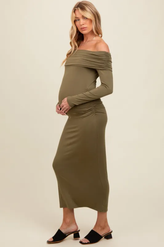 Olive Foldover Off Shoulder Long Sleeve Maternity Midi Dress sold by Pinkblush