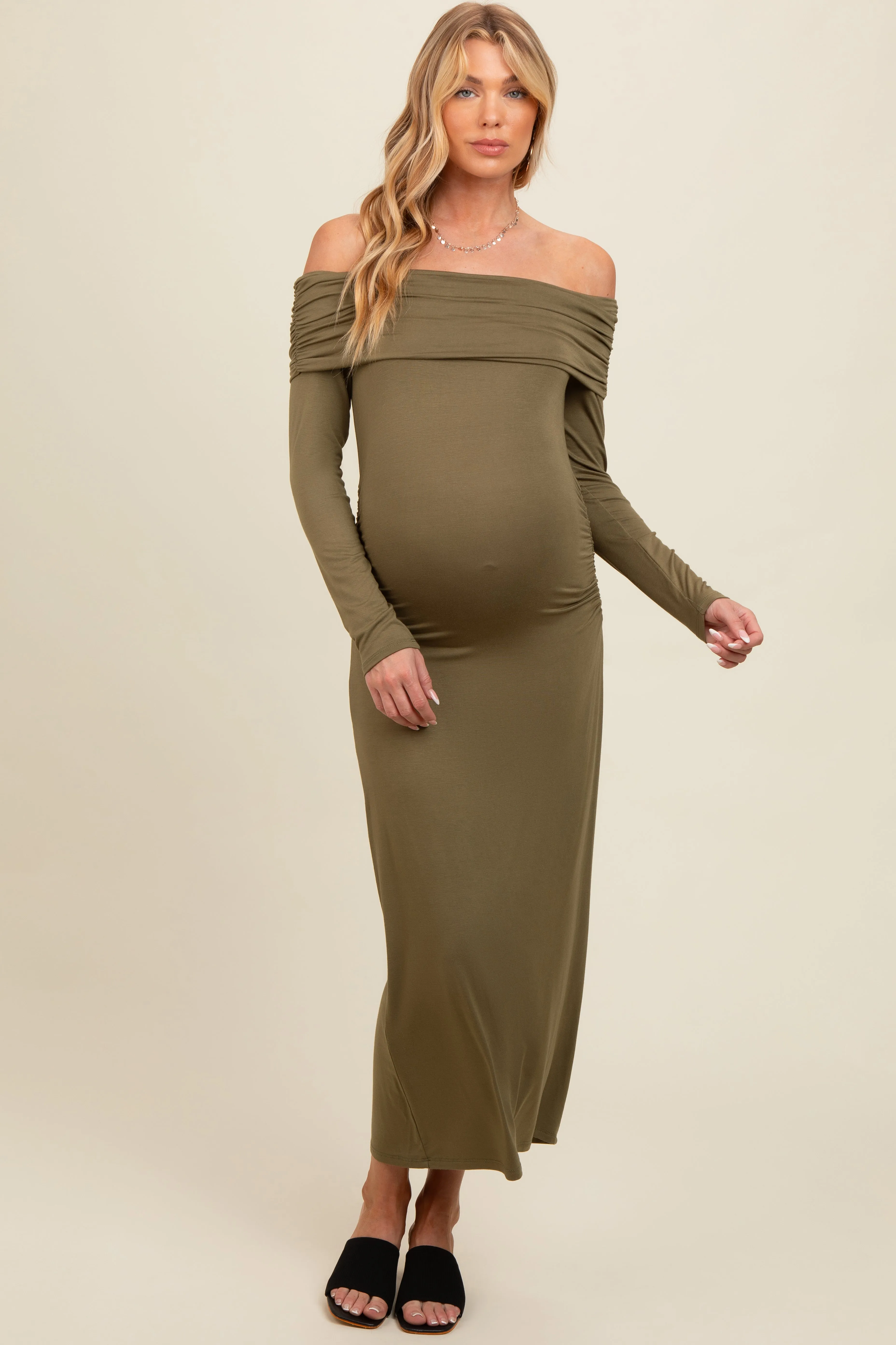 Olive Foldover Off Shoulder Long Sleeve Maternity Midi Dress sold by Pinkblush product image thumbnail 2