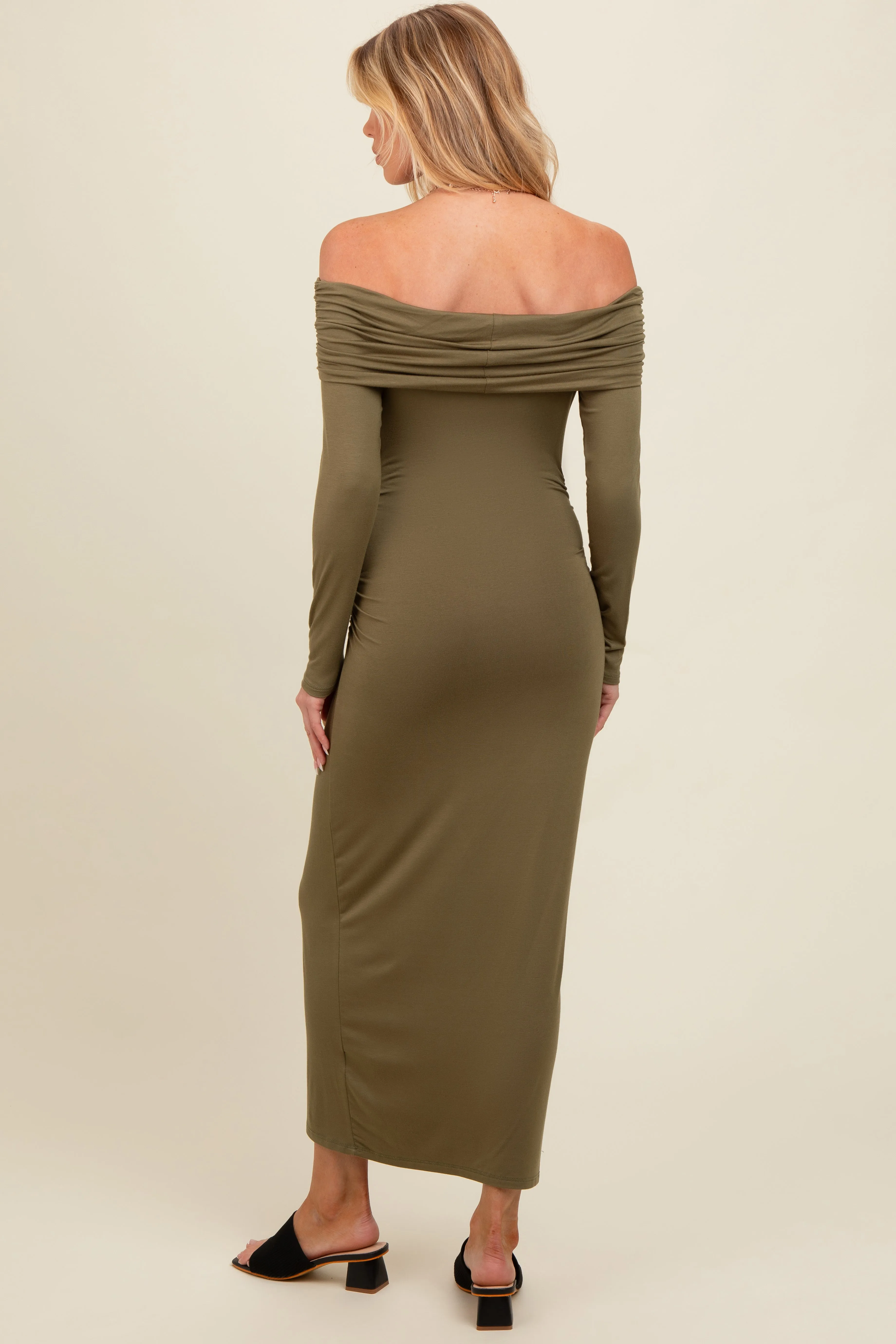 Olive Foldover Off Shoulder Long Sleeve Maternity Midi Dress sold by Pinkblush product image thumbnail 3