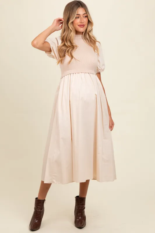 Cream Contrast Knit Bodice Maternity Midi Dress sold by Pinkblush