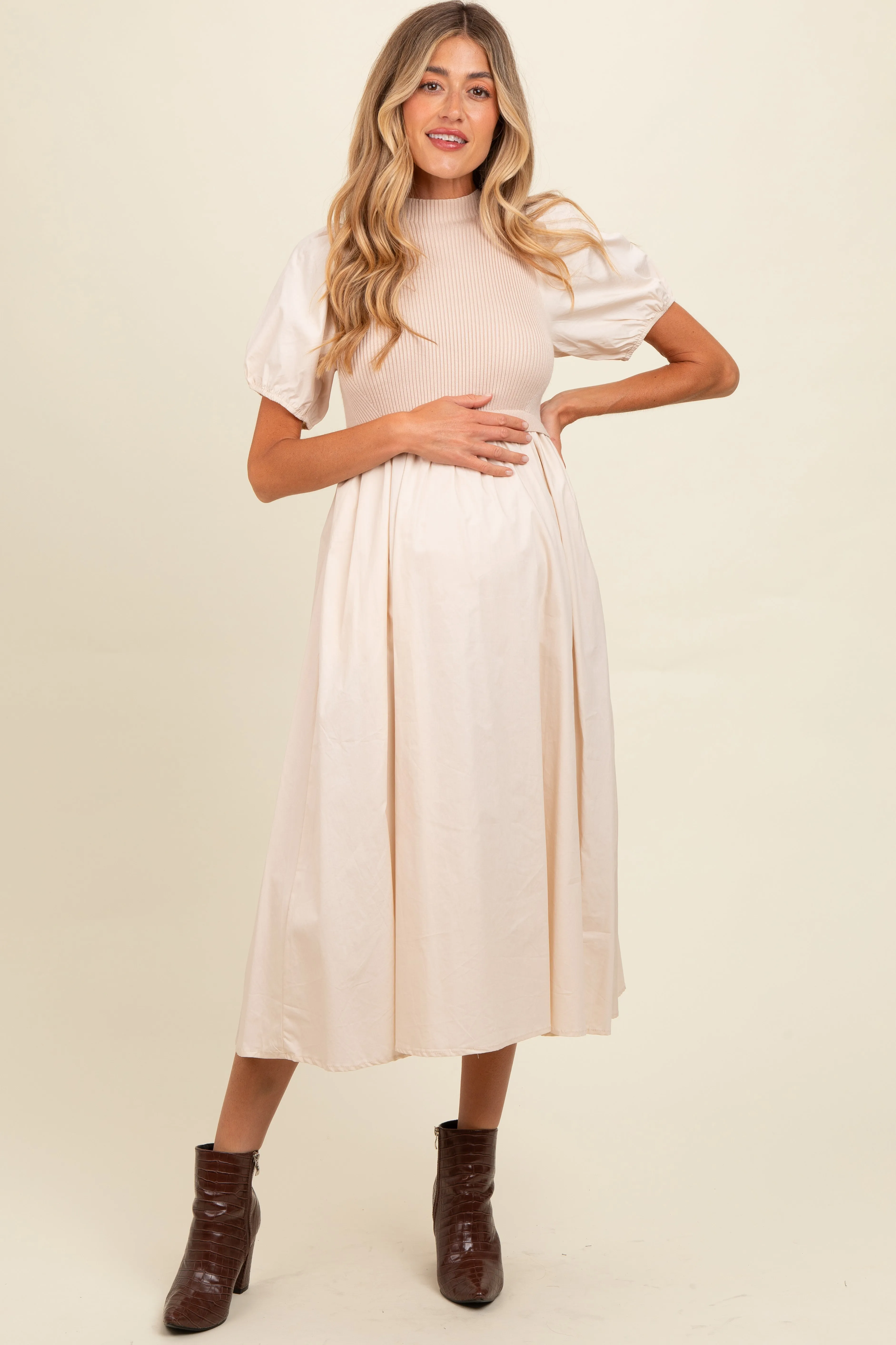 Cream Contrast Knit Bodice Maternity Midi Dress sold by Pinkblush product image thumbnail 2