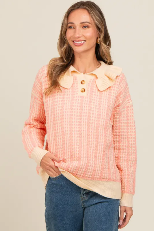 Salmon Ruffle Collar Button Up Waffle Knit Sweater sold by Pinkblush