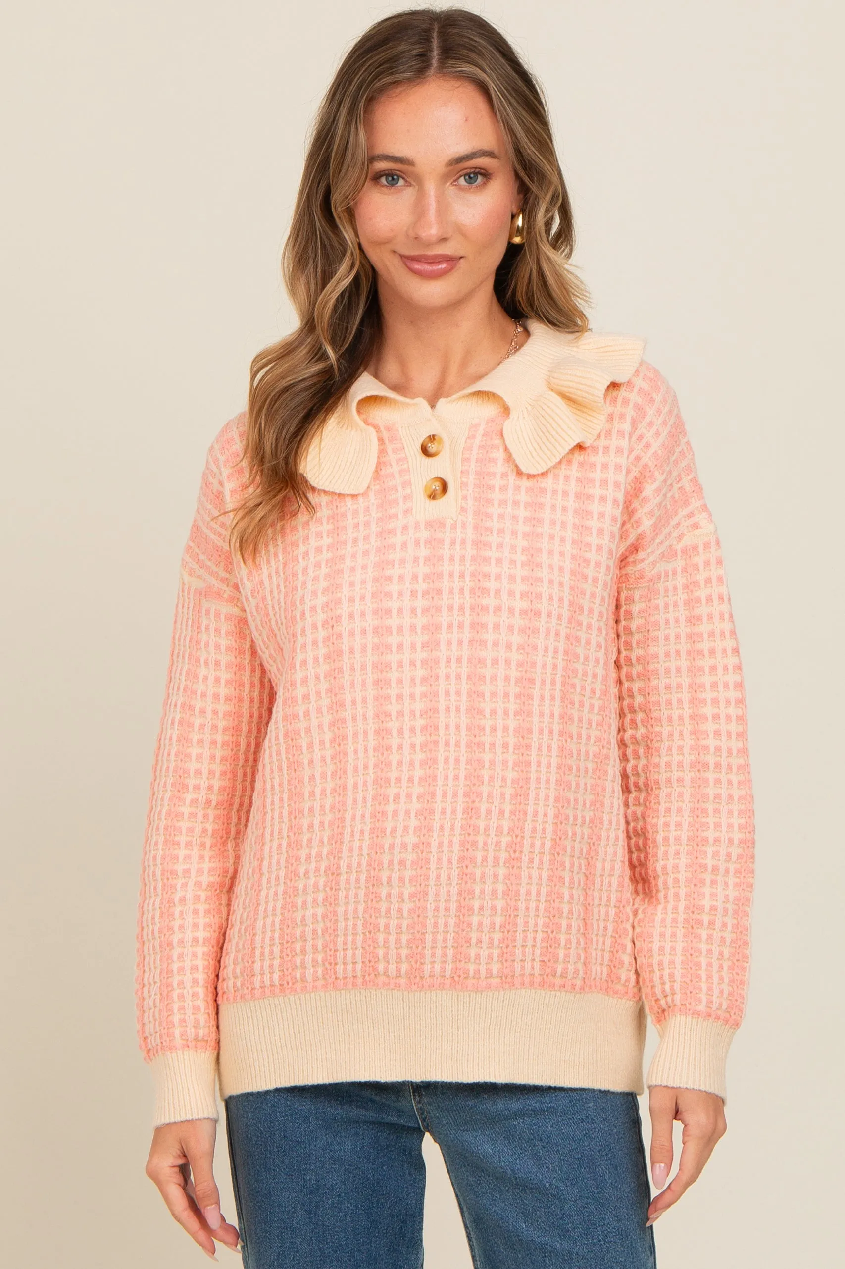 Salmon Ruffle Collar Button Up Waffle Knit Sweater sold by Pinkblush product image thumbnail 2