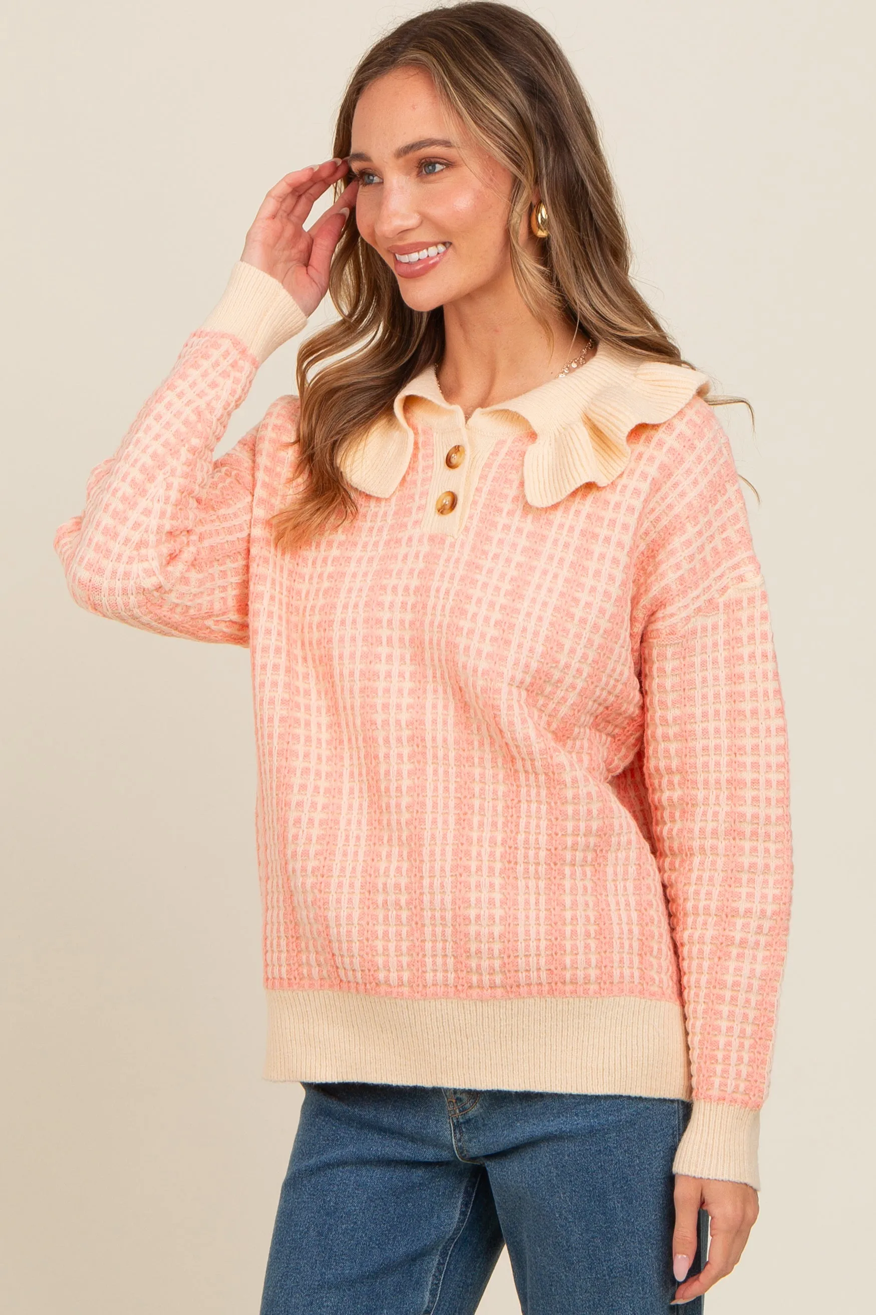 Salmon Ruffle Collar Button Up Waffle Knit Sweater sold by Pinkblush product image thumbnail 3