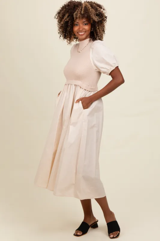Cream Contrast Knit Bodice Midi Dress sold by Pinkblush