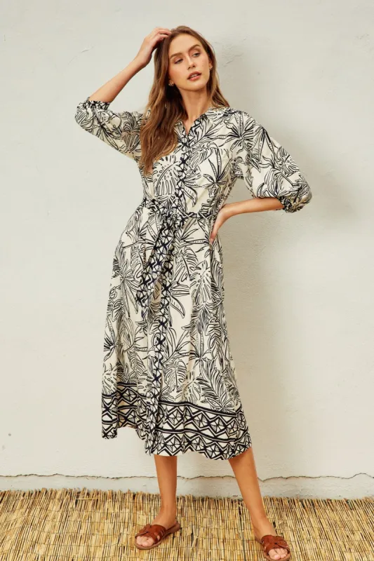 Black Tropical Print Button Down Shirt Dress sold by Pinkblush