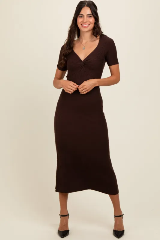 Brown Knit Twisted V-Neck Maxi Dress sold by Pinkblush