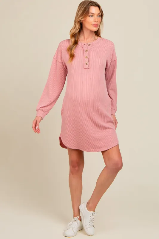 Mauve Ribbed Button Accent Maternity Dress sold by Pinkblush