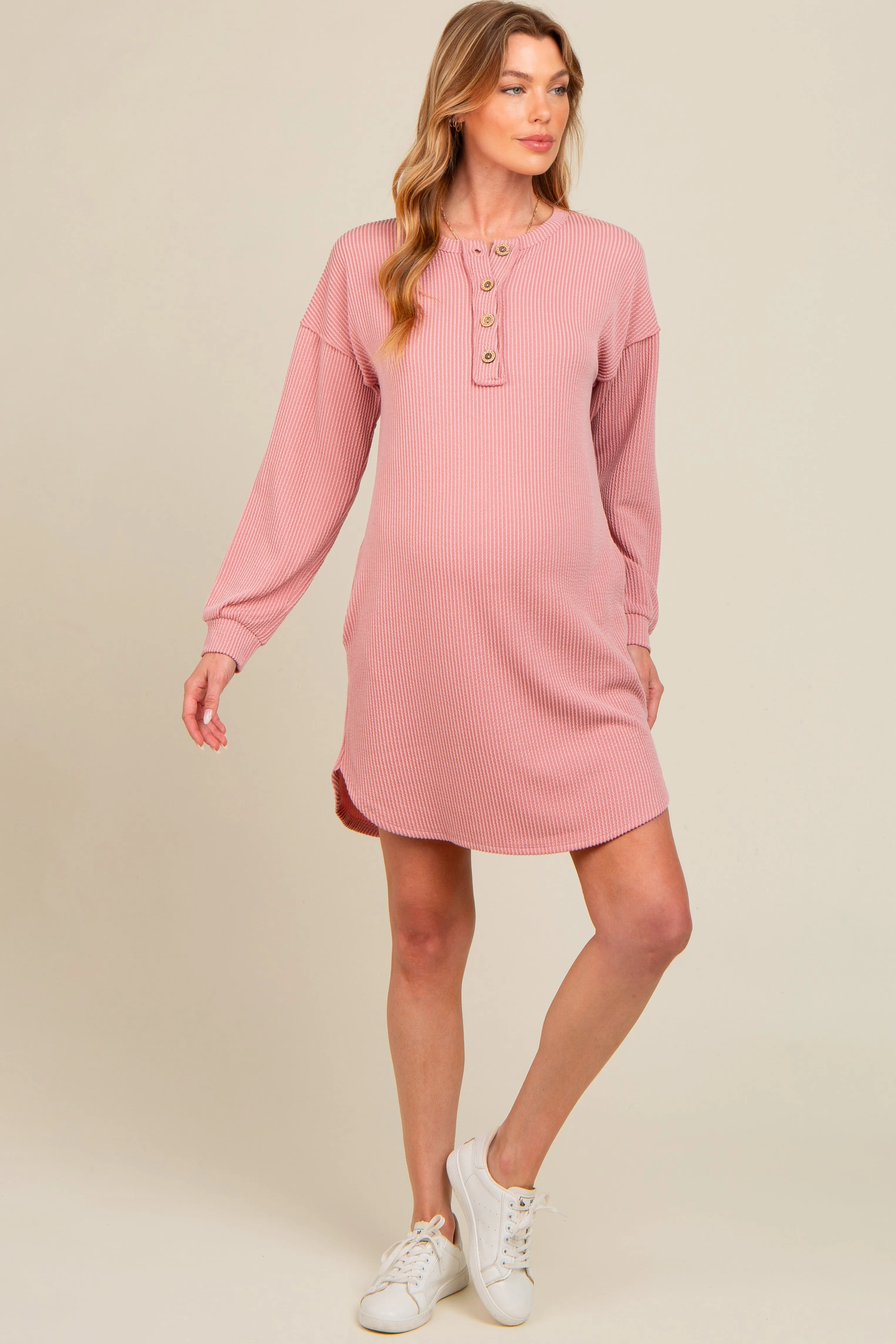 Mauve Ribbed Button Accent Maternity Dress sold by Pinkblush