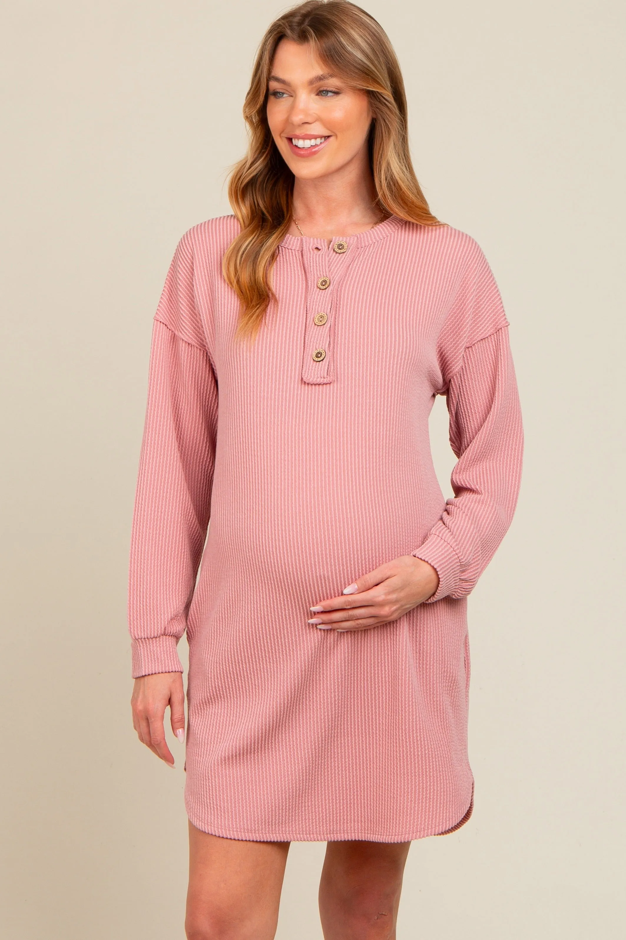 Mauve Ribbed Button Accent Maternity Dress sold by Pinkblush product image thumbnail 2