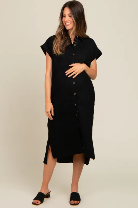 Black Corduroy Button Down Maternity Midi Dress sold by Pinkblush