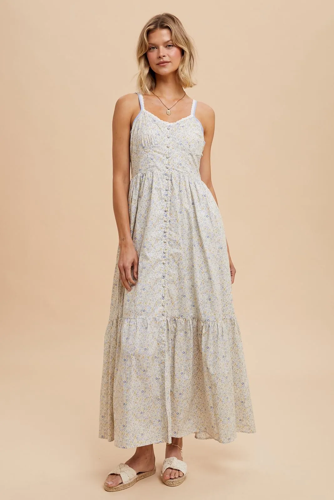 Daffodil Blue Multi Cotton Floral Button Down Maxi sold by Pinkblush