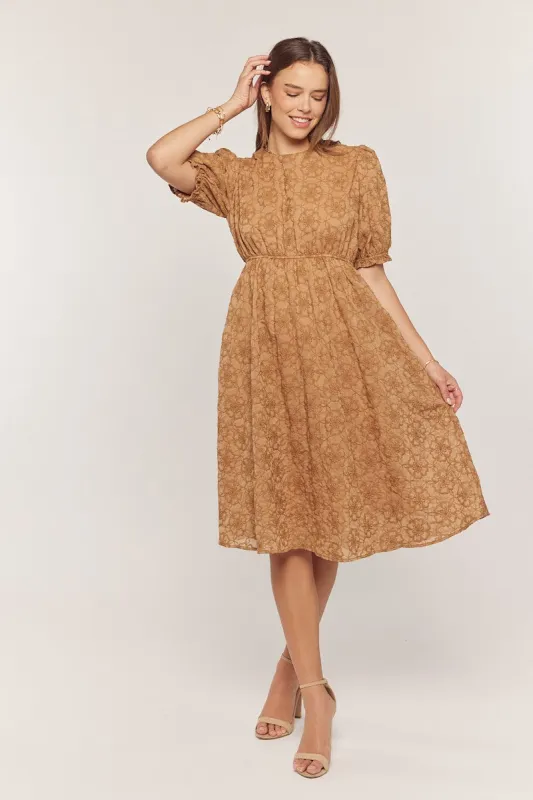 Camel Floral Embroidered Overlay Midi Dress sold by Pinkblush
