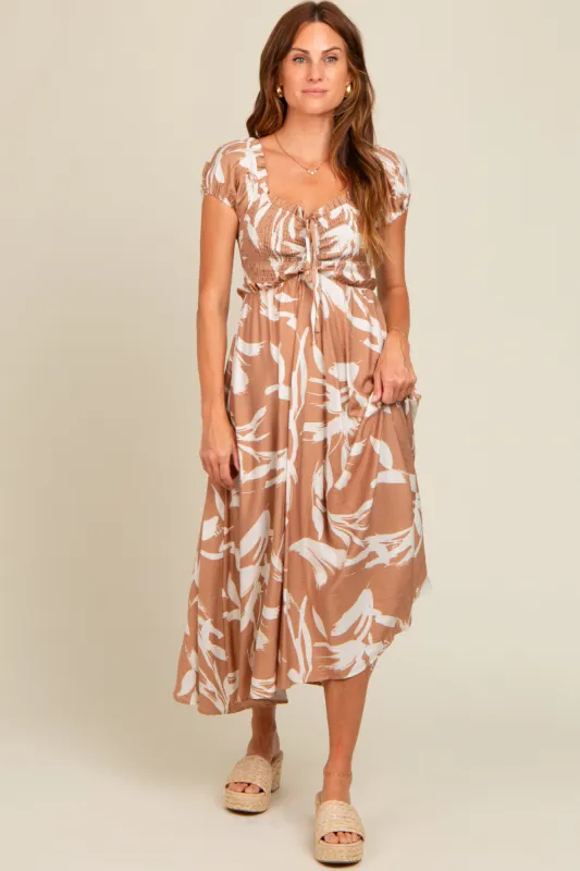 Camel Leaf Print Off Shoulder Smocked Midi Dress sold by Pinkblush