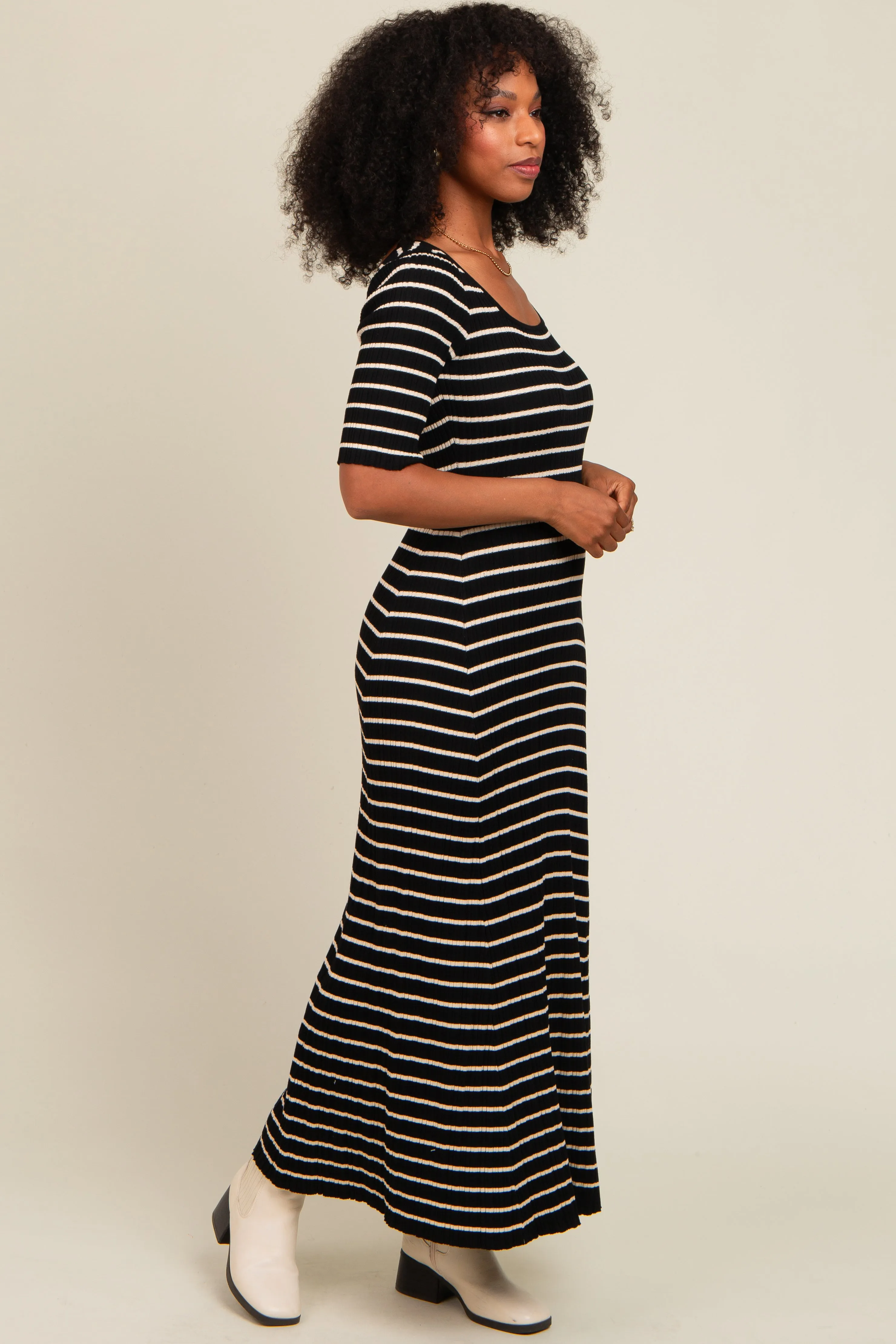 Black Striped Ribbed Short Sleeve Maxi Dress sold by Pinkblush product image thumbnail 3