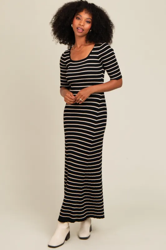 Black Striped Ribbed Short Sleeve Maxi Dress sold by Pinkblush