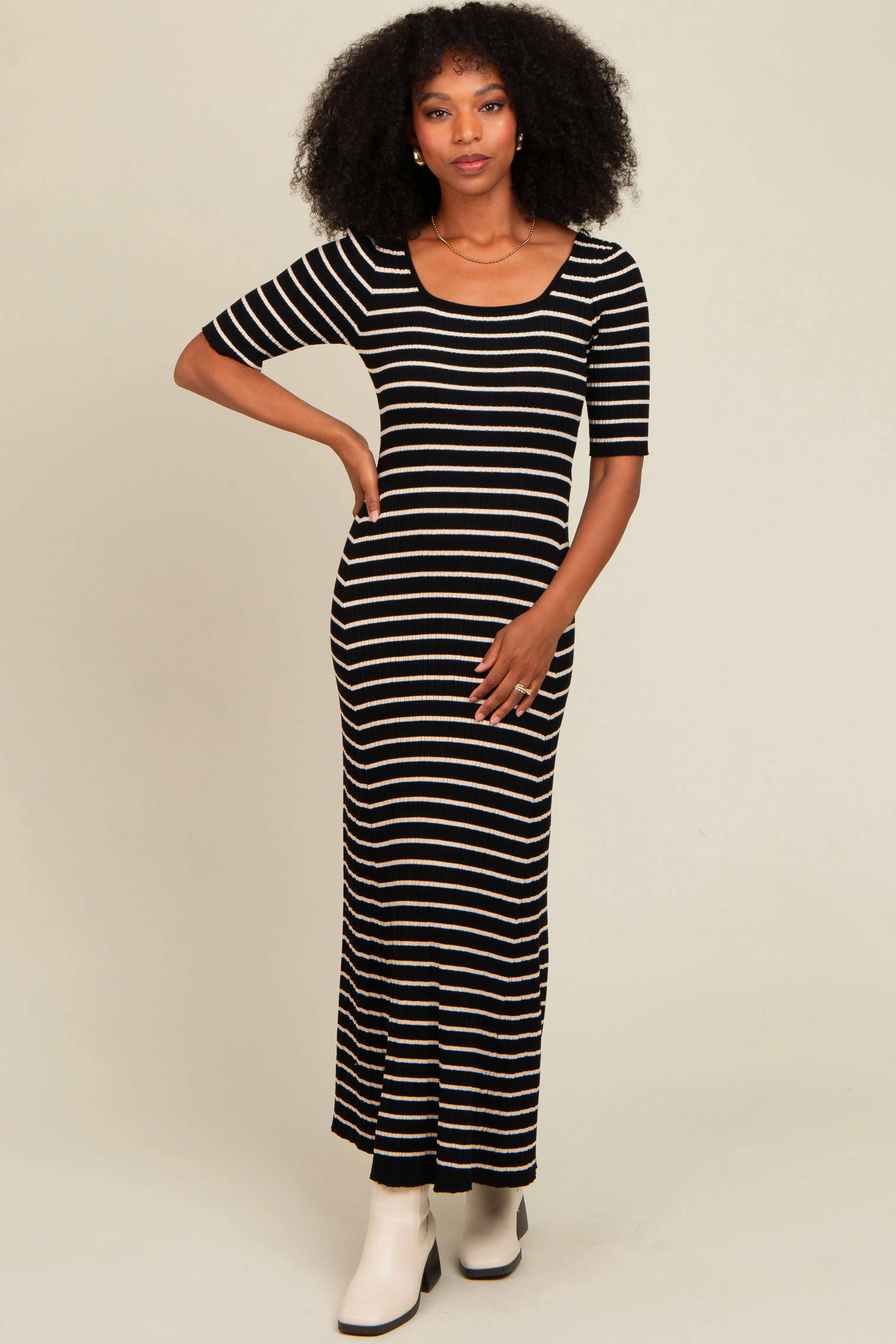 Black Striped Ribbed Short Sleeve Maxi Dress sold by Pinkblush product image thumbnail 2