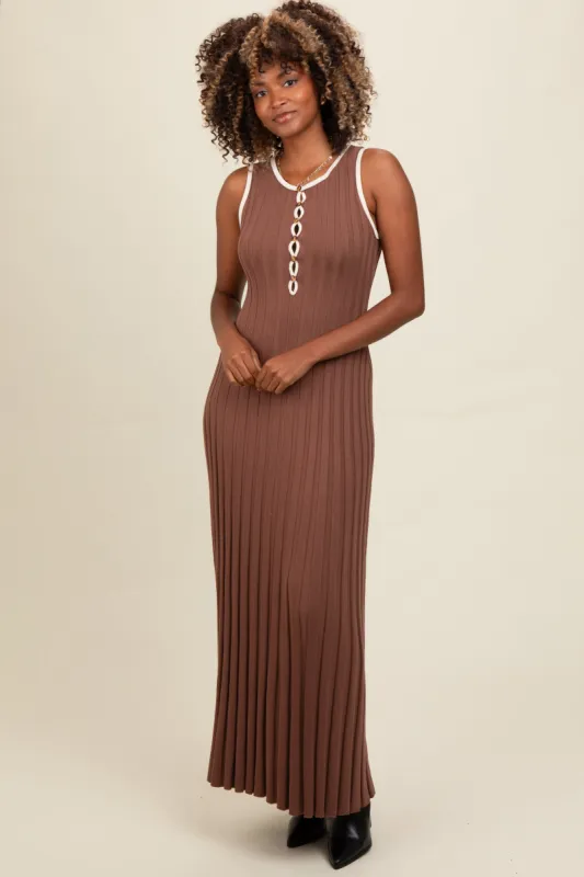Brown Ribbed Knit Button Detail Sleeveless Maxi Dress sold by Pinkblush