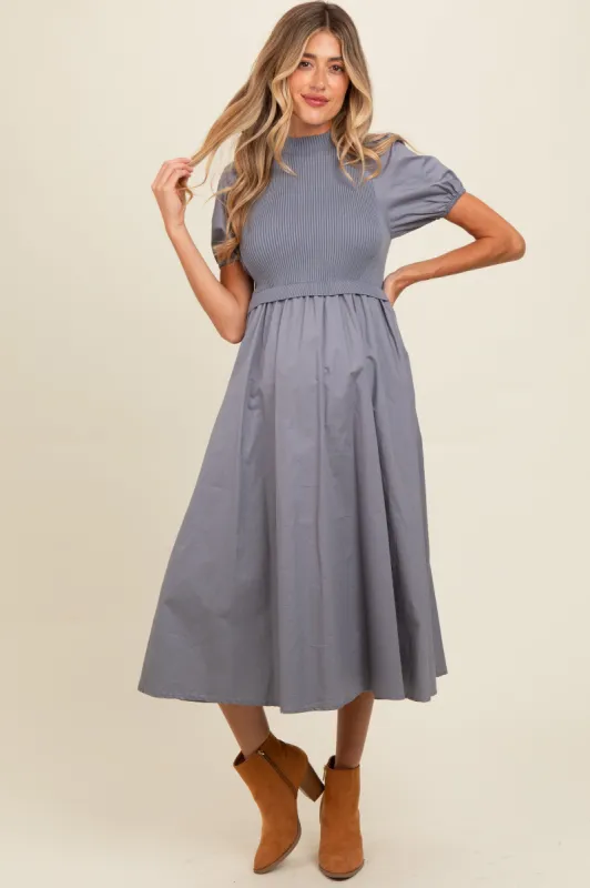 Blue Contrast Knit Bodice Maternity Midi Dress sold by Pinkblush