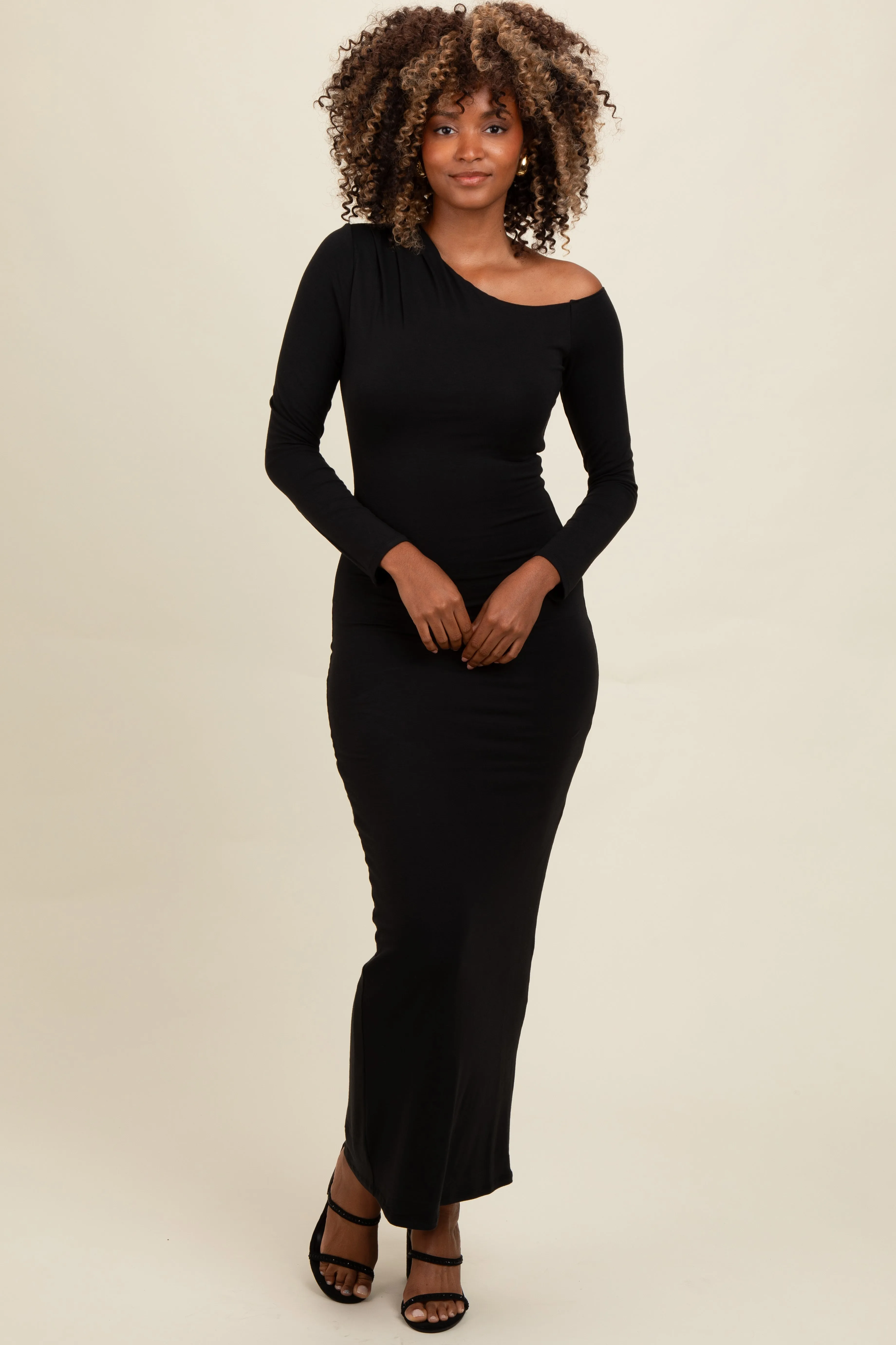 Black One Shoulder Long Sleeve Midi Dress sold by Pinkblush