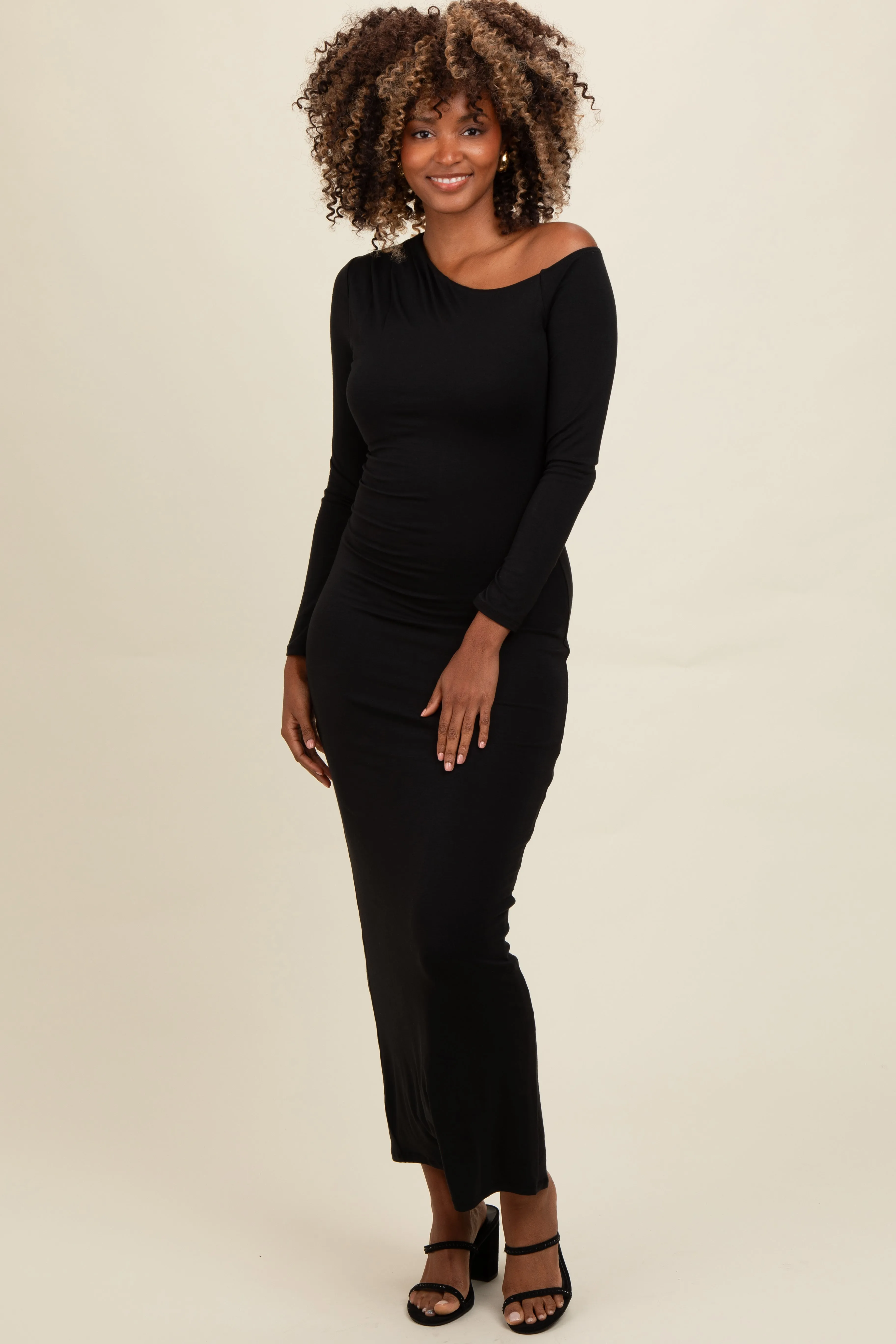 Black One Shoulder Long Sleeve Midi Dress sold by Pinkblush product image thumbnail 3