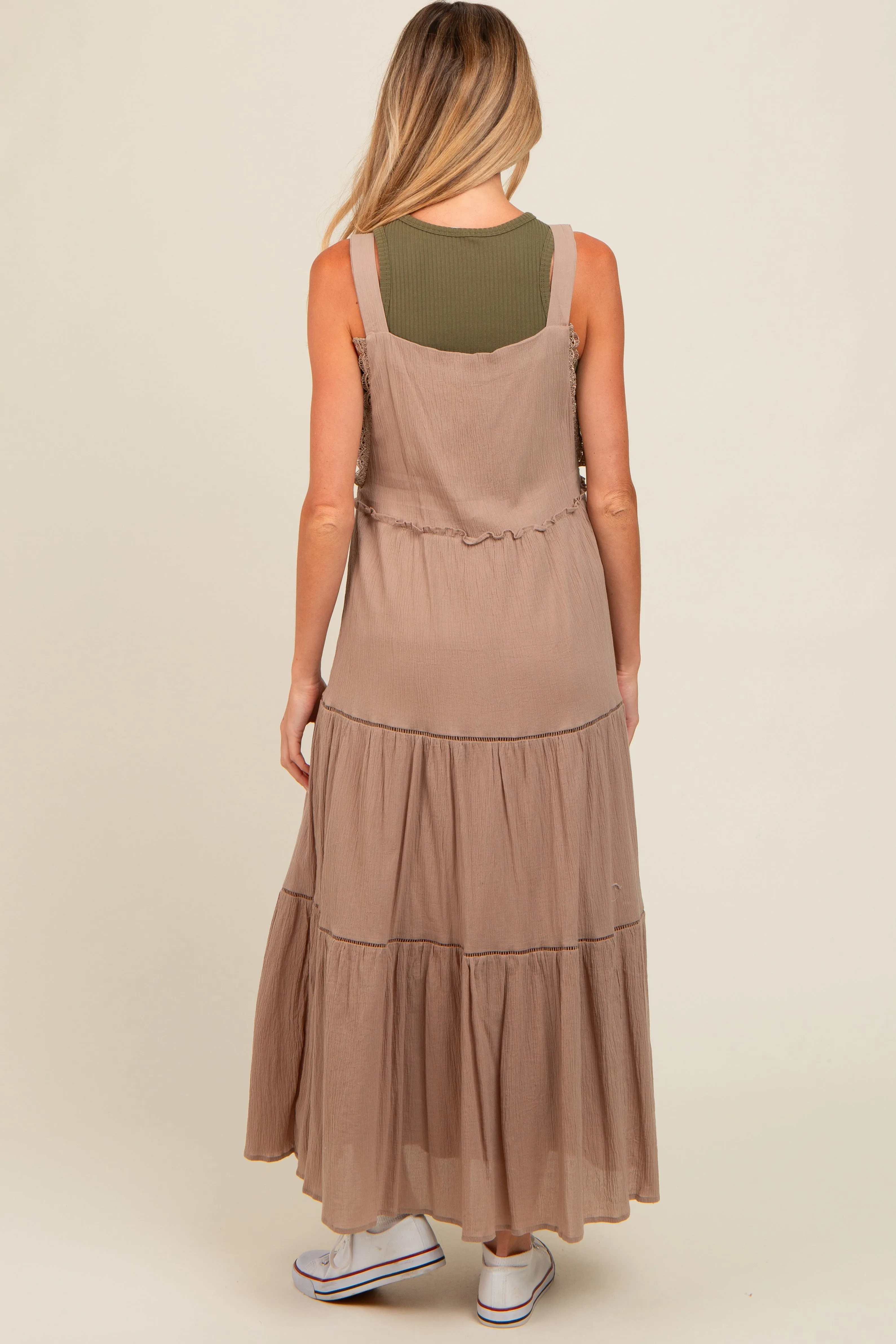 Taupe Front Pocket Tiered Overall Maternity Midi Dress sold by Pinkblush product image thumbnail 3