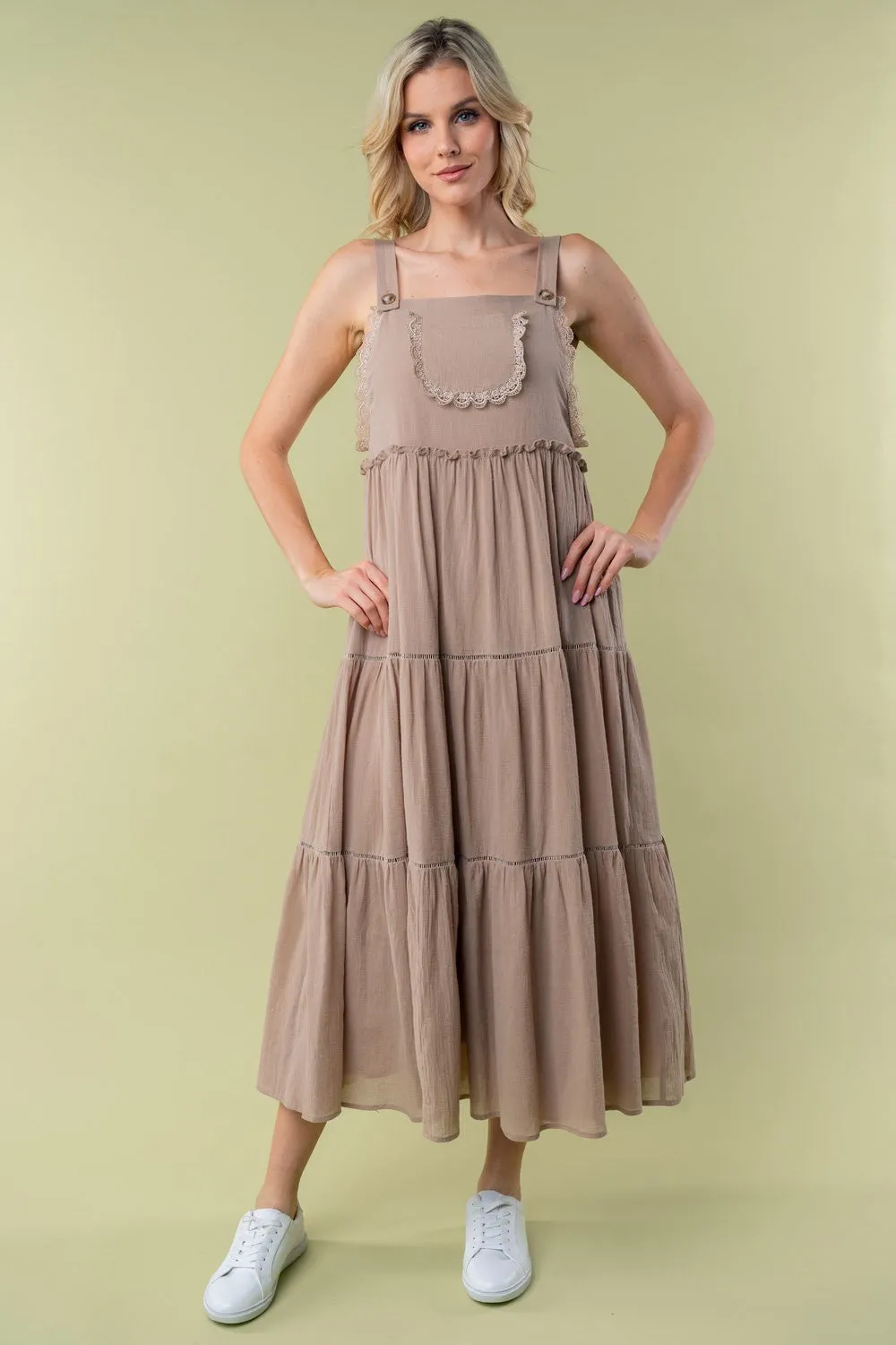 Taupe Front Pocket Tiered Overall Maternity Midi Dress sold by Pinkblush product image thumbnail 4