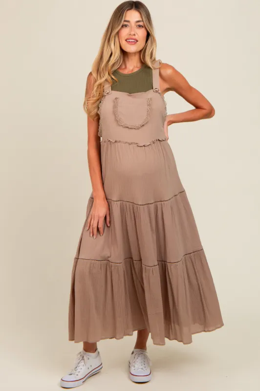 Taupe Front Pocket Tiered Overall Maternity Midi Dress sold by Pinkblush