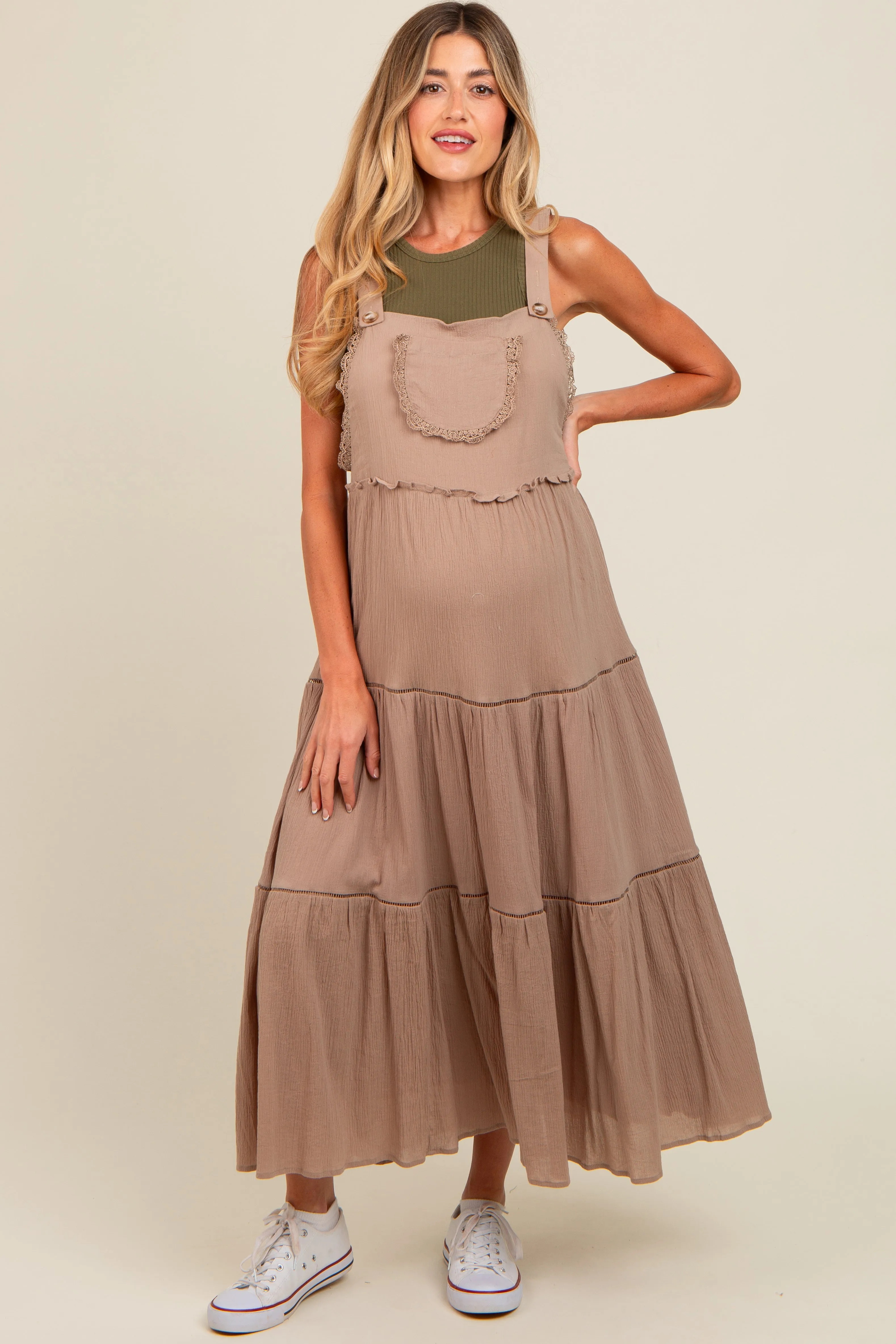 Taupe Front Pocket Tiered Overall Maternity Midi Dress sold by Pinkblush