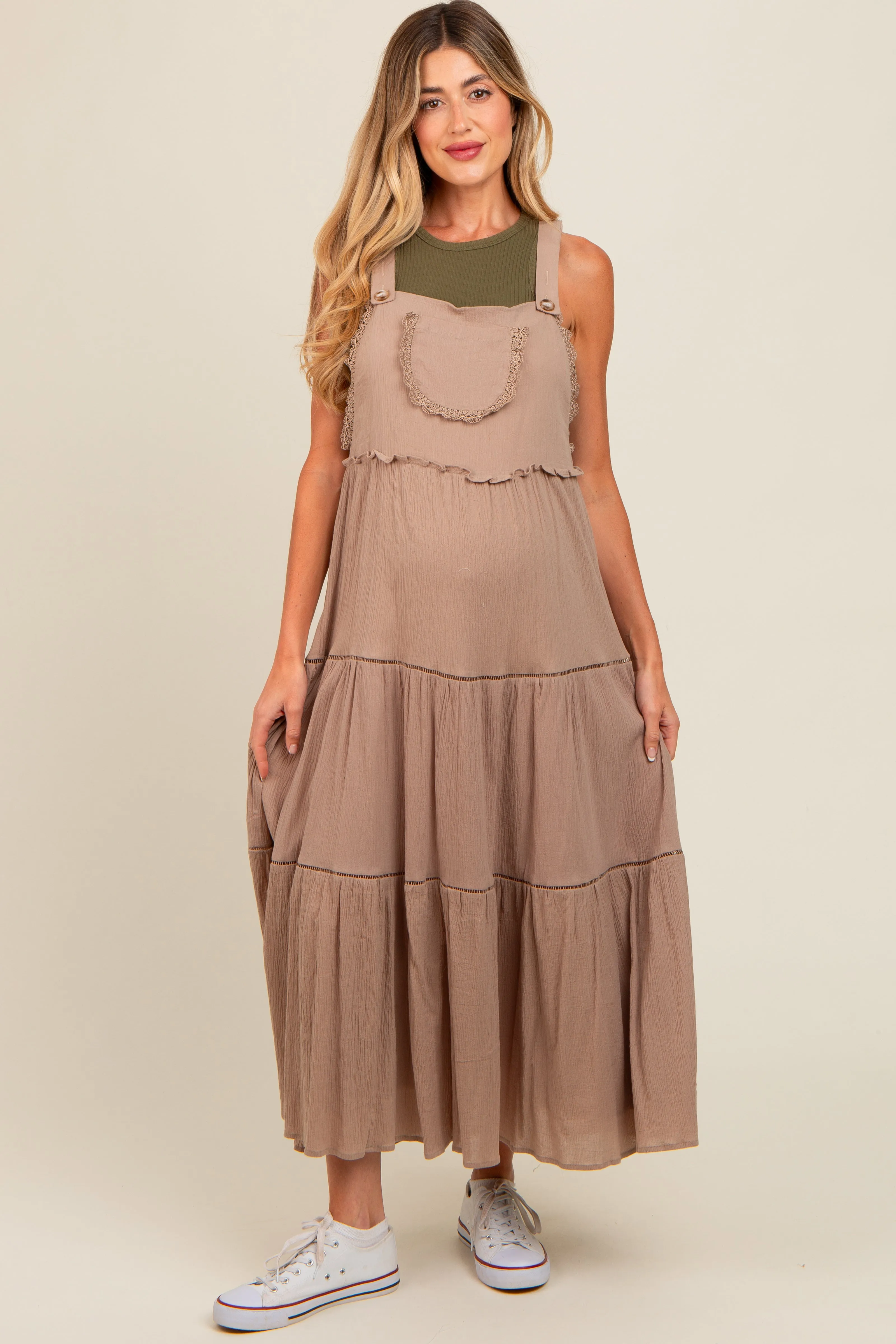 Taupe Front Pocket Tiered Overall Maternity Midi Dress sold by Pinkblush product image thumbnail 2