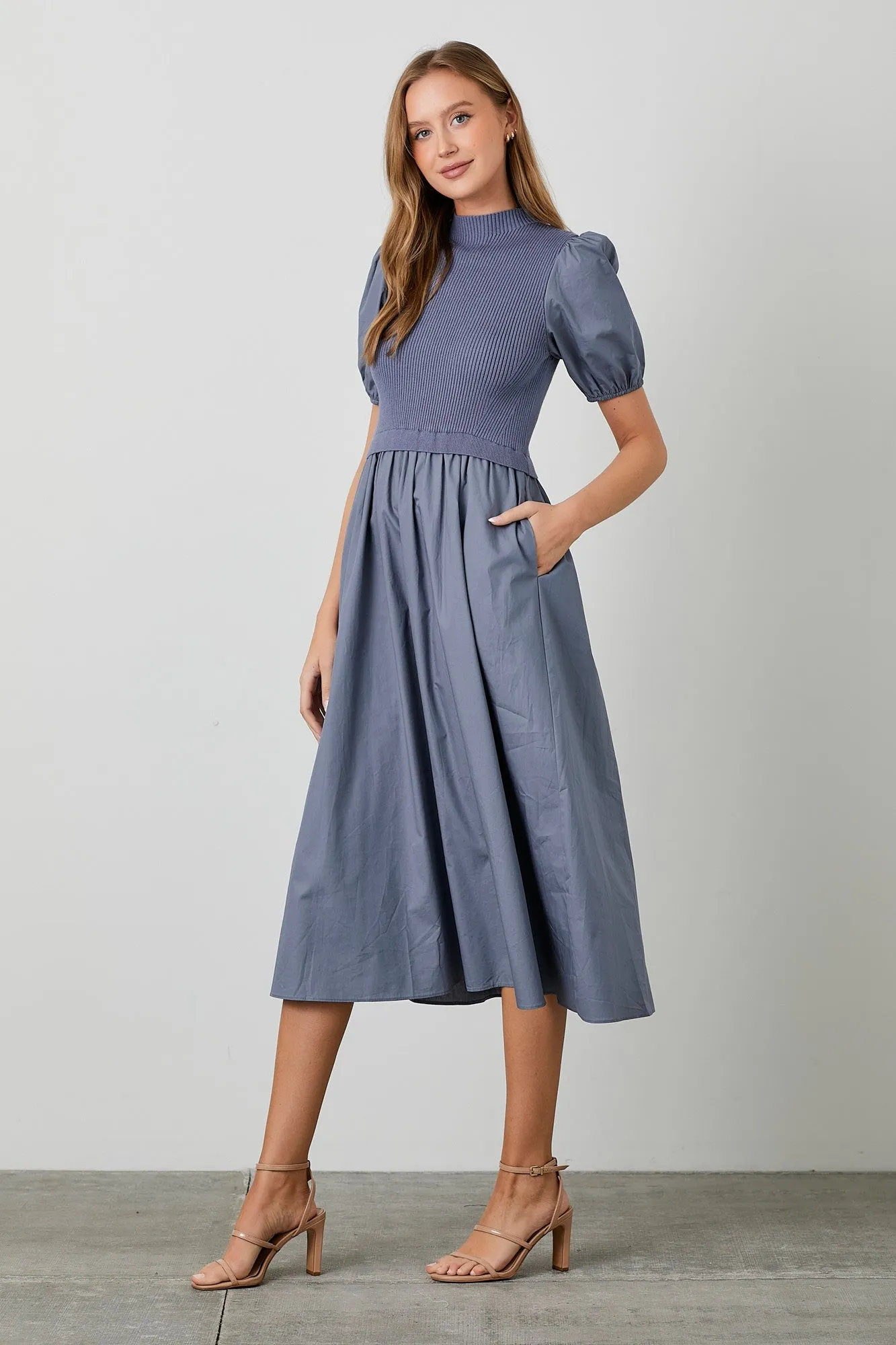 Blue Contrast Knit Bodice Midi Dress sold by Pinkblush product image thumbnail 5