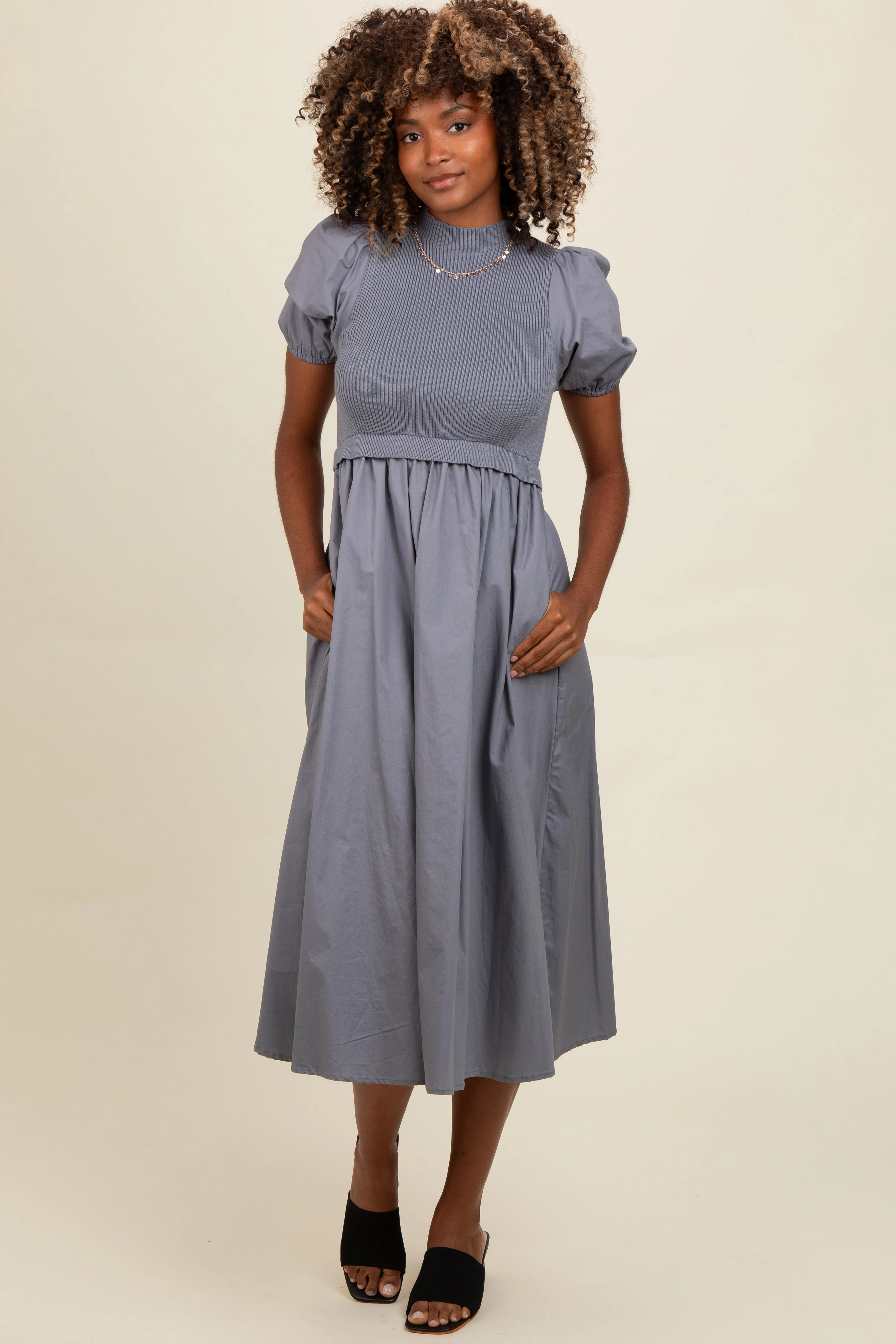 Blue Contrast Knit Bodice Midi Dress sold by Pinkblush