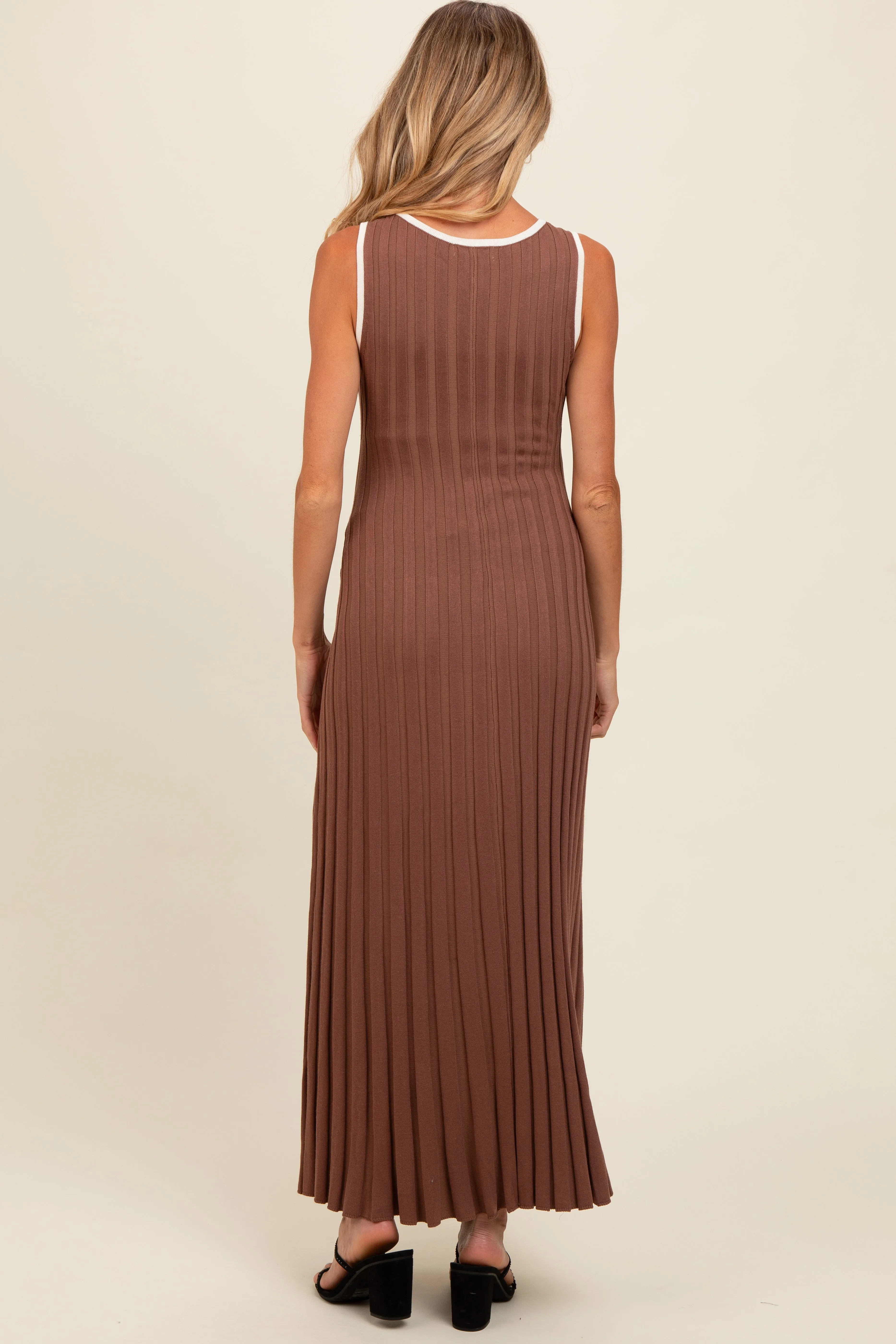 Brown Ribbed Knit Button Detail Sleeveless Maternity Maxi Dress sold by Pinkblush product image thumbnail 4