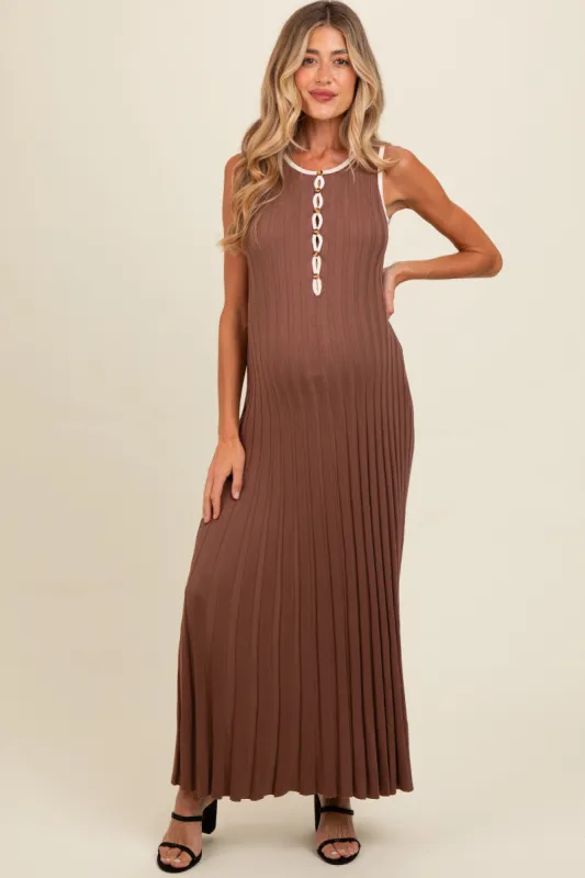 Brown Ribbed Knit Button Detail Sleeveless Maternity Maxi Dress sold by Pinkblush