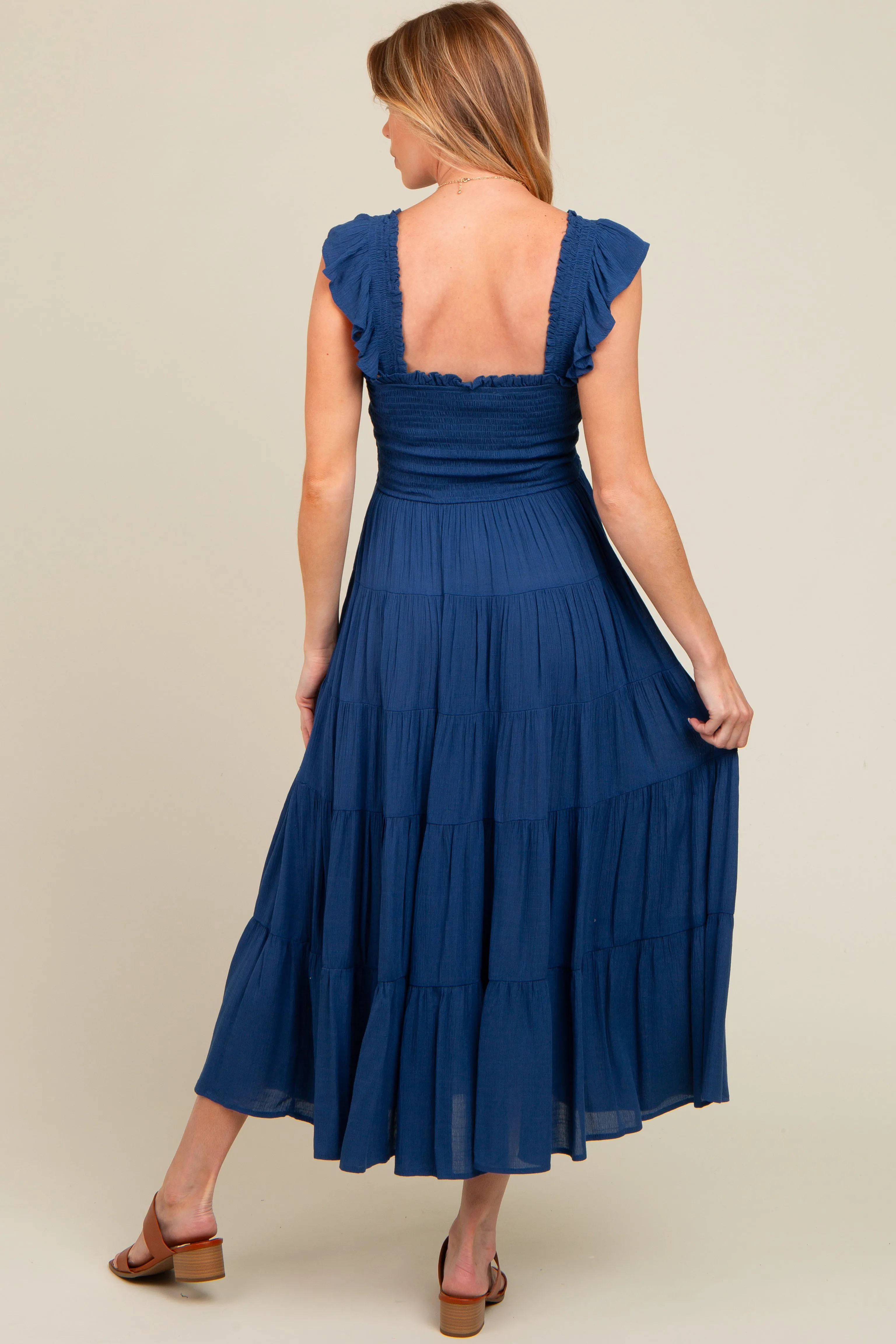 Navy Blue Smocked Tiered Ruffle Strap Maternity Midi Dress sold by Pinkblush product image thumbnail 3