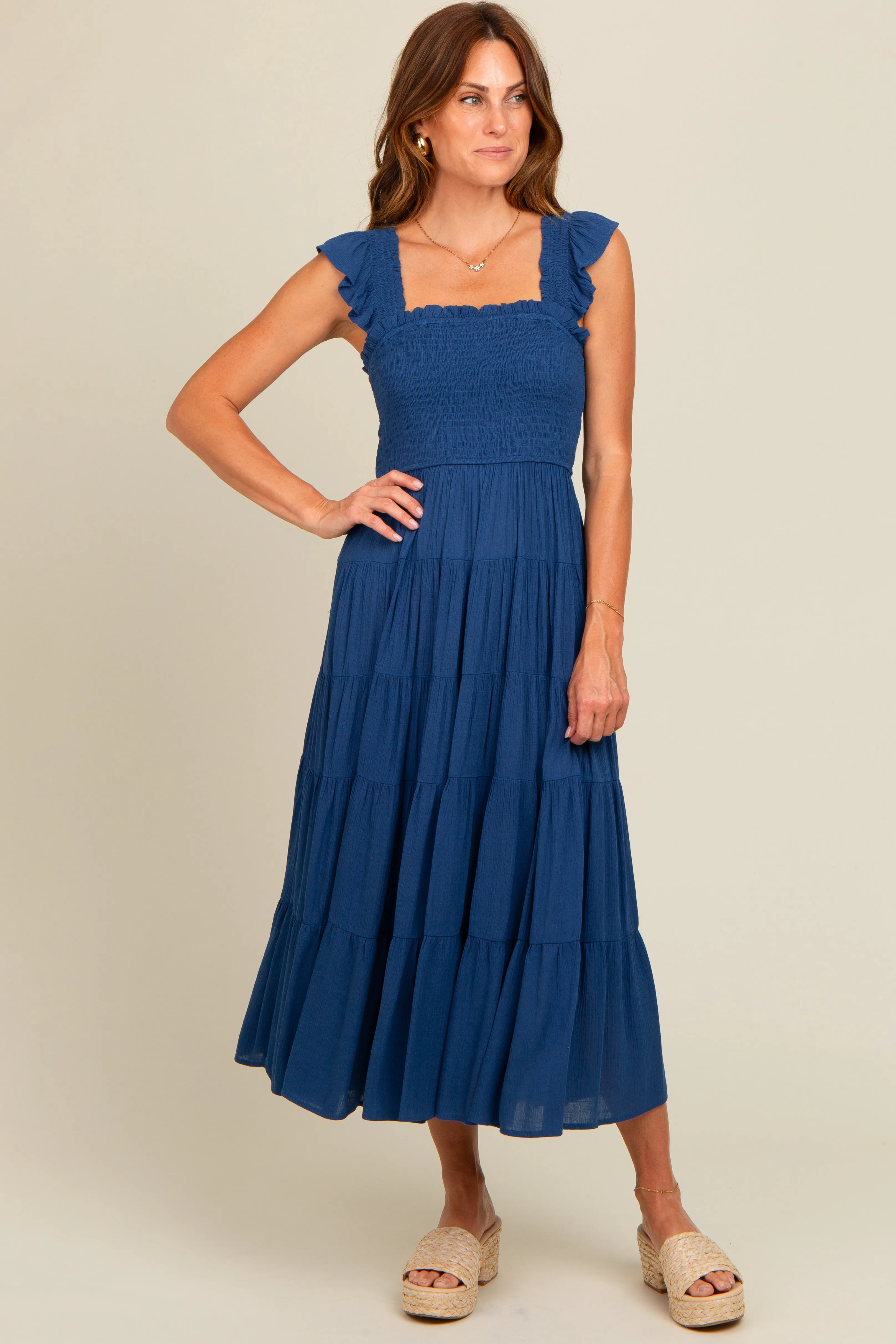 Navy Blue Smocked Tiered Ruffle Strap Maternity Midi Dress sold by Pinkblush product image thumbnail 4