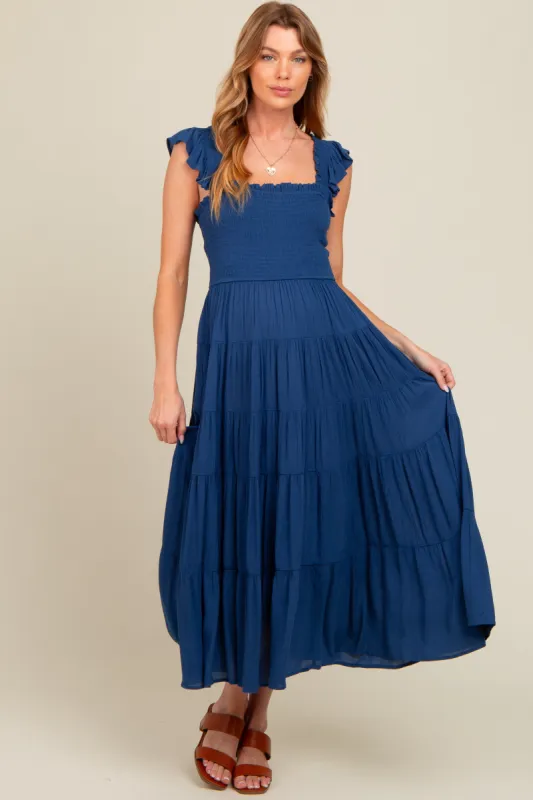 Navy Blue Smocked Tiered Ruffle Strap Maternity Midi Dress sold by Pinkblush