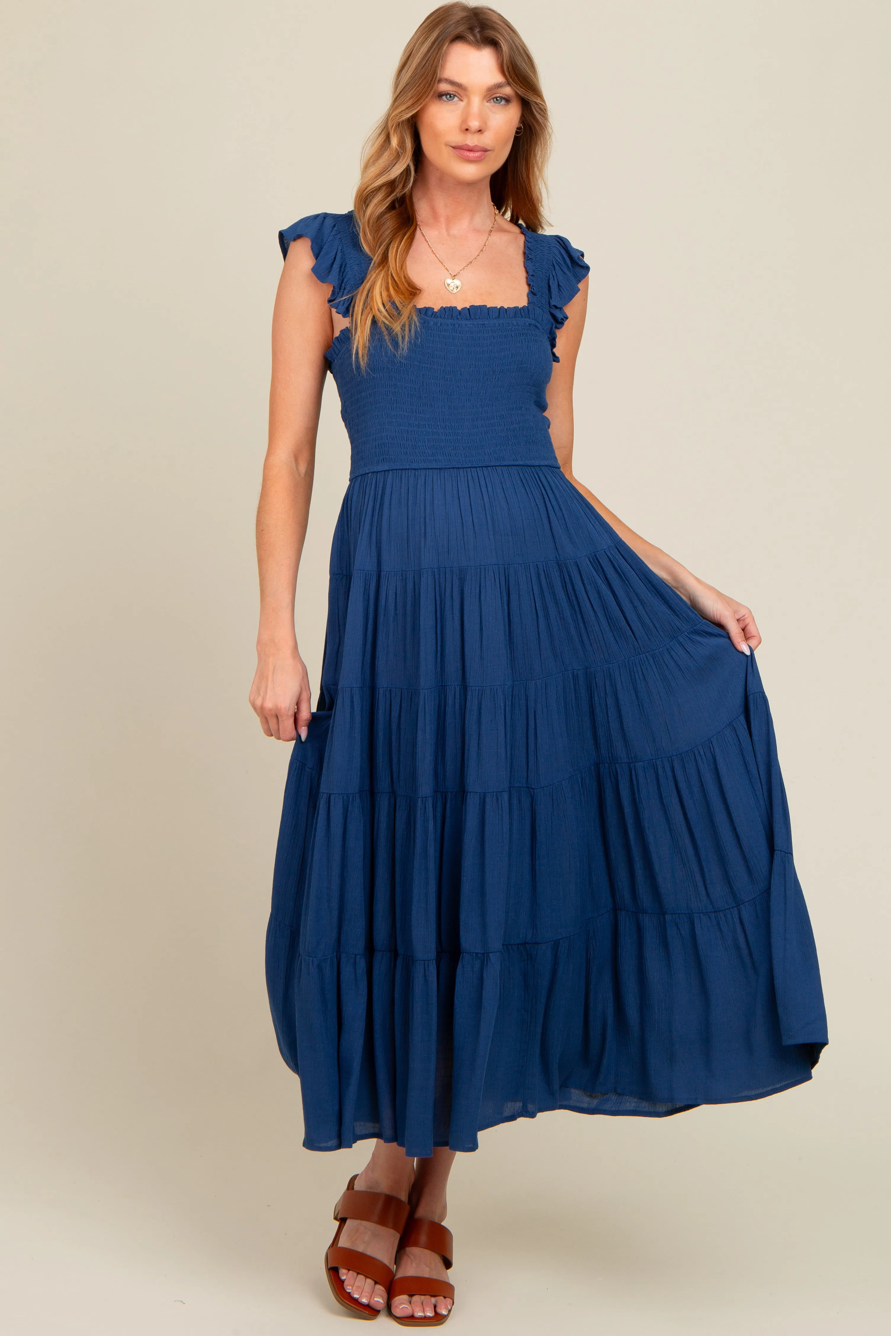 Navy Blue Smocked Tiered Ruffle Strap Maternity Midi Dress sold by Pinkblush