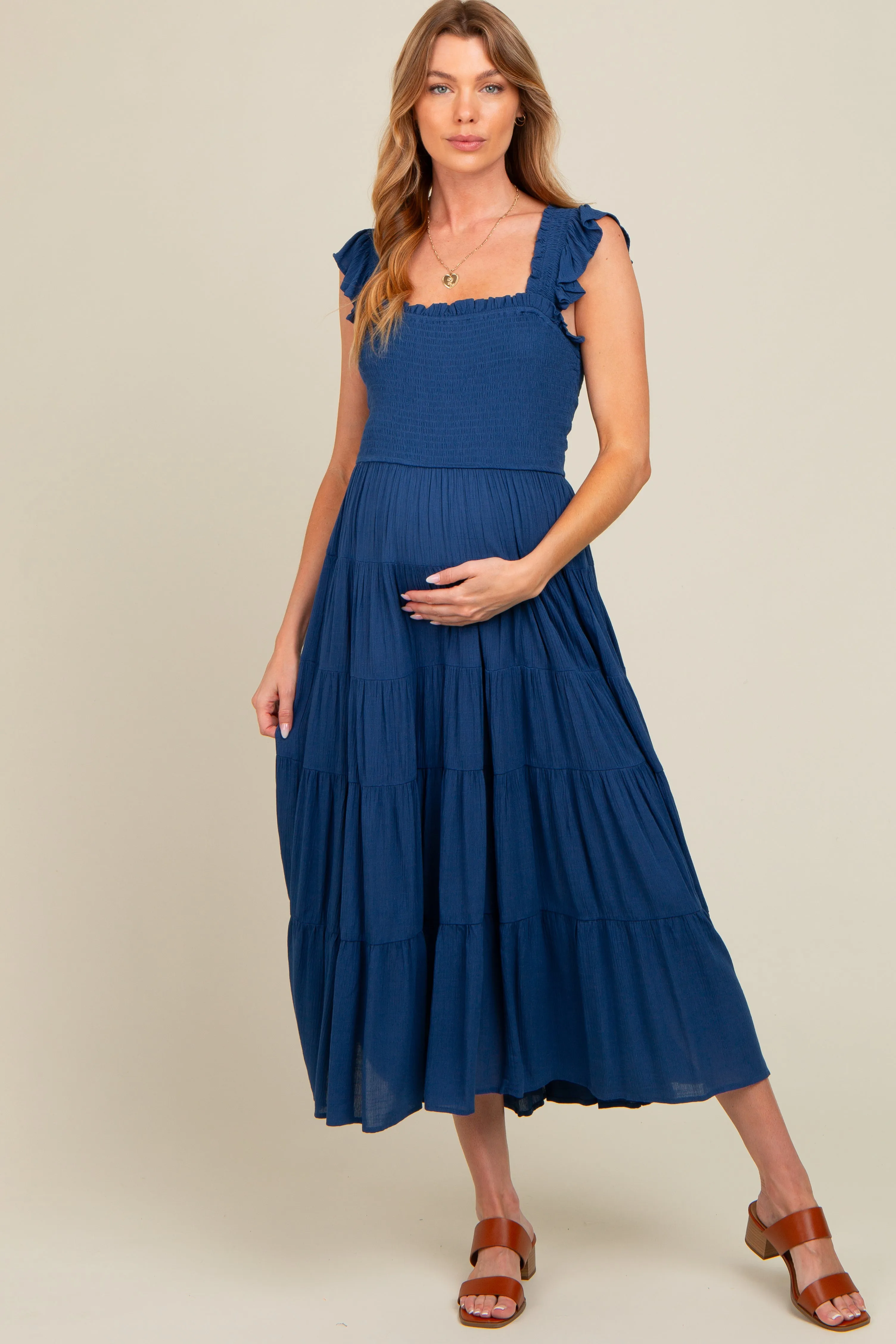 Navy Blue Smocked Tiered Ruffle Strap Maternity Midi Dress sold by Pinkblush product image thumbnail 2