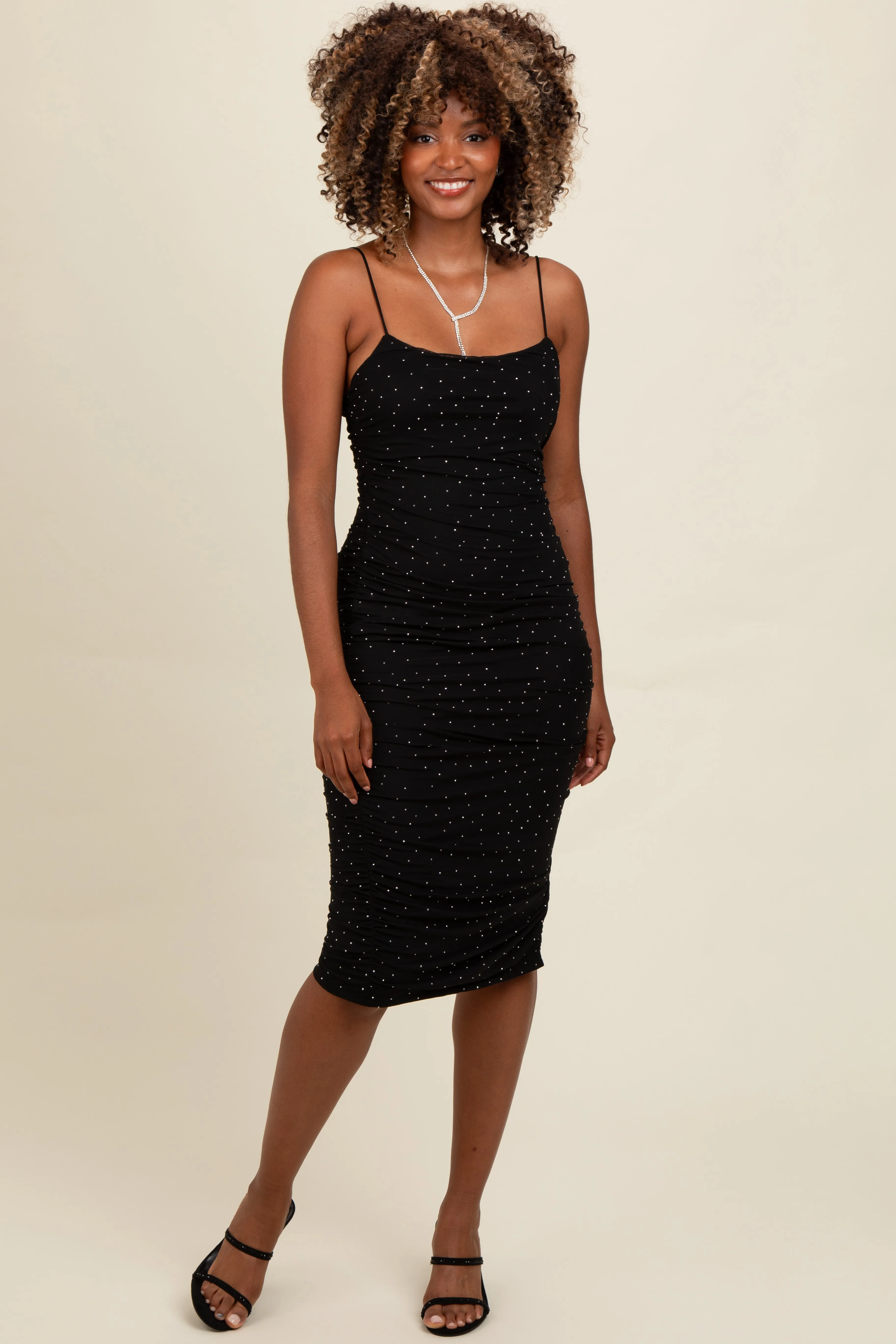 Black Rhinestone Sleeveless Ruched Mesh Midi Dress sold by Pinkblush product image thumbnail 2